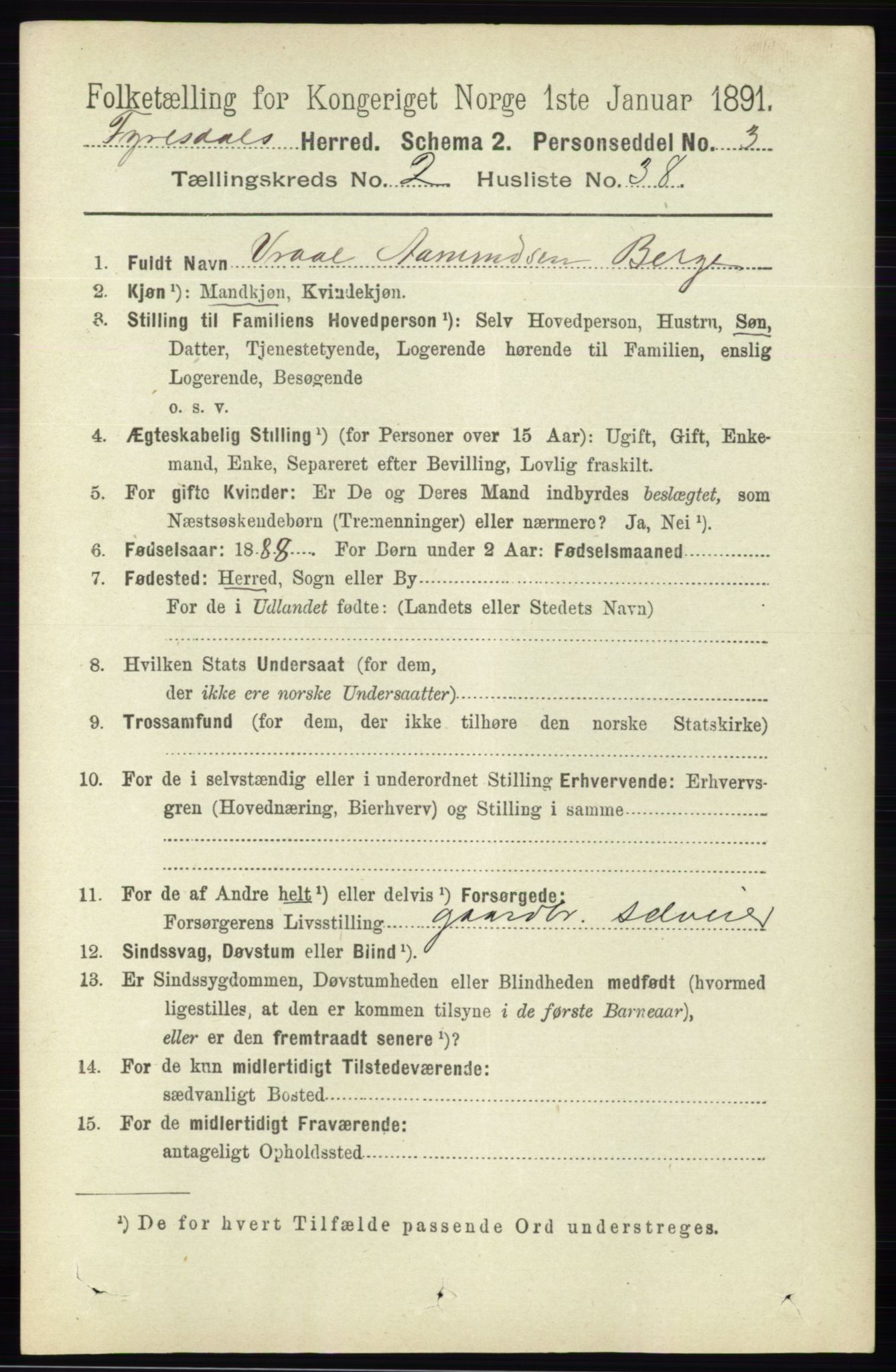 RA, 1891 census for 0831 Fyresdal, 1891, p. 527