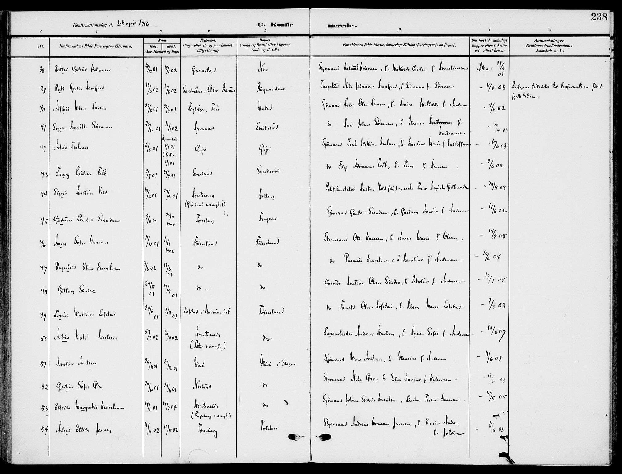 Nøtterøy kirkebøker, AV/SAKO-A-354/F/Fa/L0010: Parish register (official) no. I 10, 1908-1919, p. 238