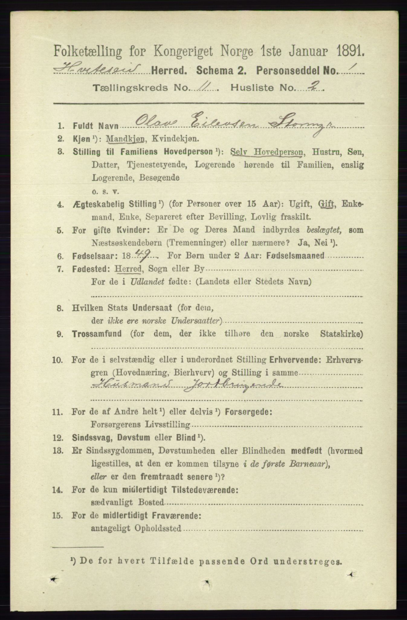 RA, 1891 census for 0829 Kviteseid, 1891, p. 2555