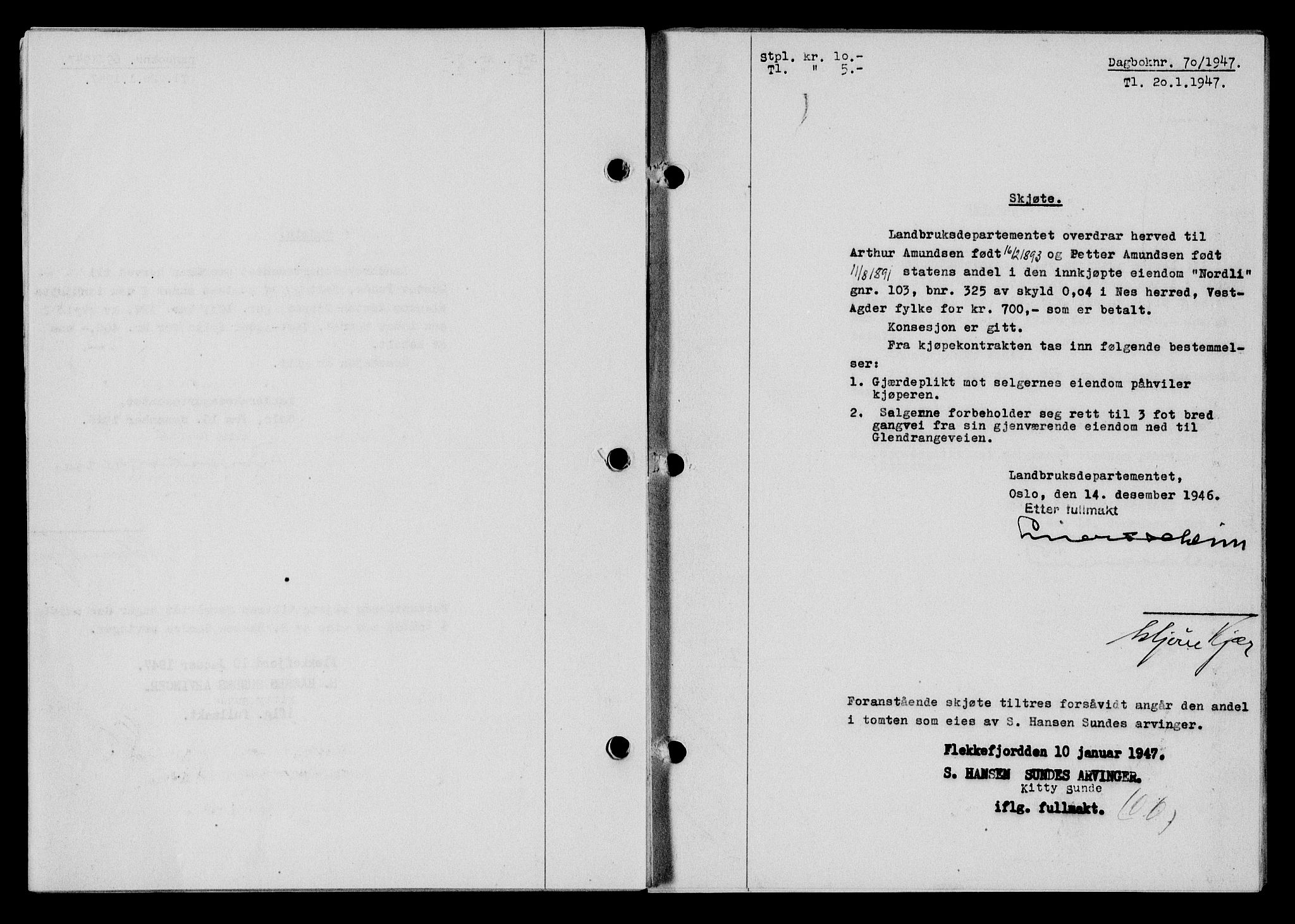 Flekkefjord sorenskriveri, AV/SAK-1221-0001/G/Gb/Gba/L0061: Mortgage book no. A-9, 1946-1947, Diary no: : 70/1947