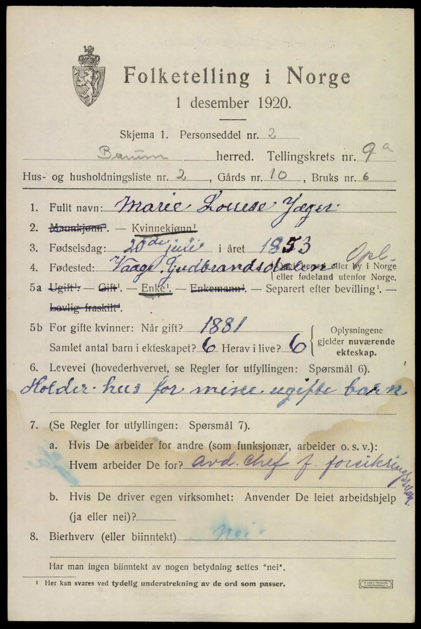 SAO, 1920 census for Bærum, 1920, p. 19350