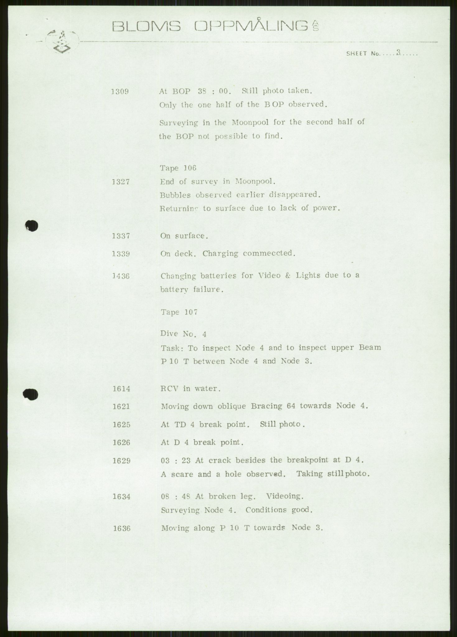 Justisdepartementet, Granskningskommisjonen ved Alexander Kielland-ulykken 27.3.1980, AV/RA-S-1165/D/L0006: A Alexander L. Kielland (Doku.liste + A3-A6, A11-A13, A18-A20-A21, A23, A31 av 31)/Dykkerjournaler, 1980-1981, p. 164