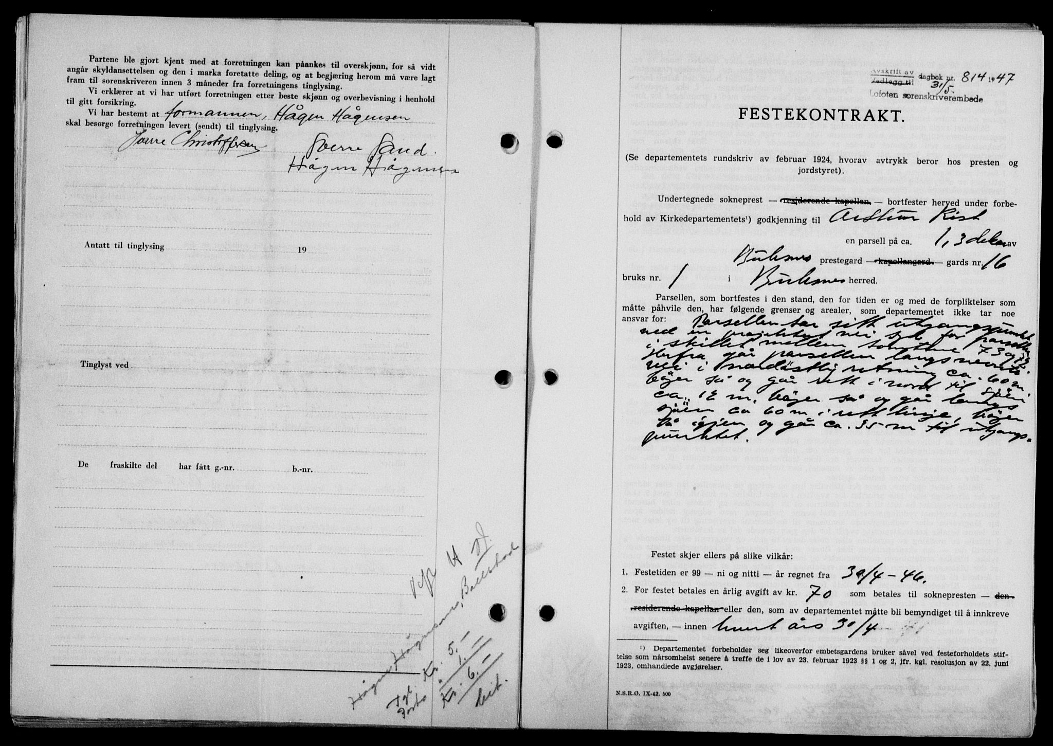 Lofoten sorenskriveri, SAT/A-0017/1/2/2C/L0016a: Mortgage book no. 16a, 1947-1947, Diary no: : 814/1947