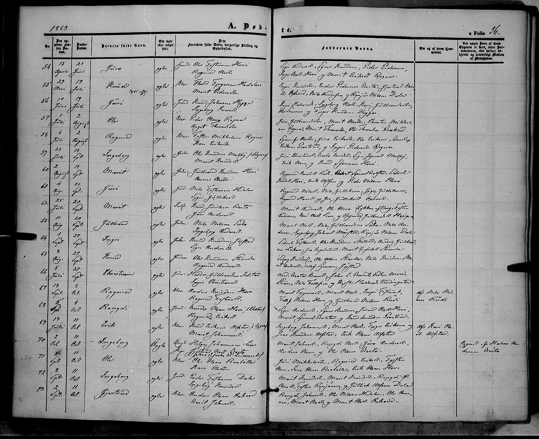 Øystre Slidre prestekontor, SAH/PREST-138/H/Ha/Haa/L0001: Parish register (official) no. 1, 1849-1874, p. 56