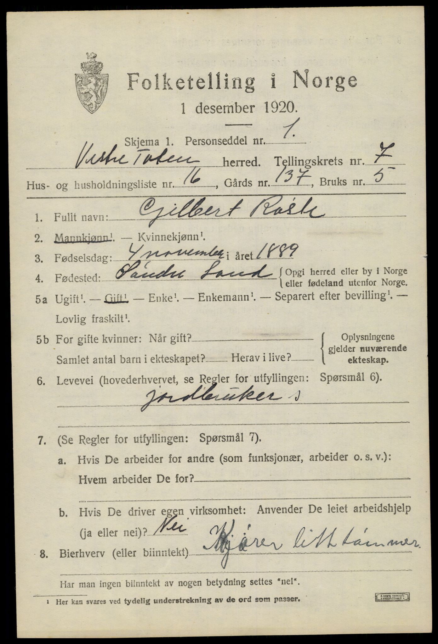 SAH, 1920 census for Vestre Toten, 1920, p. 9378