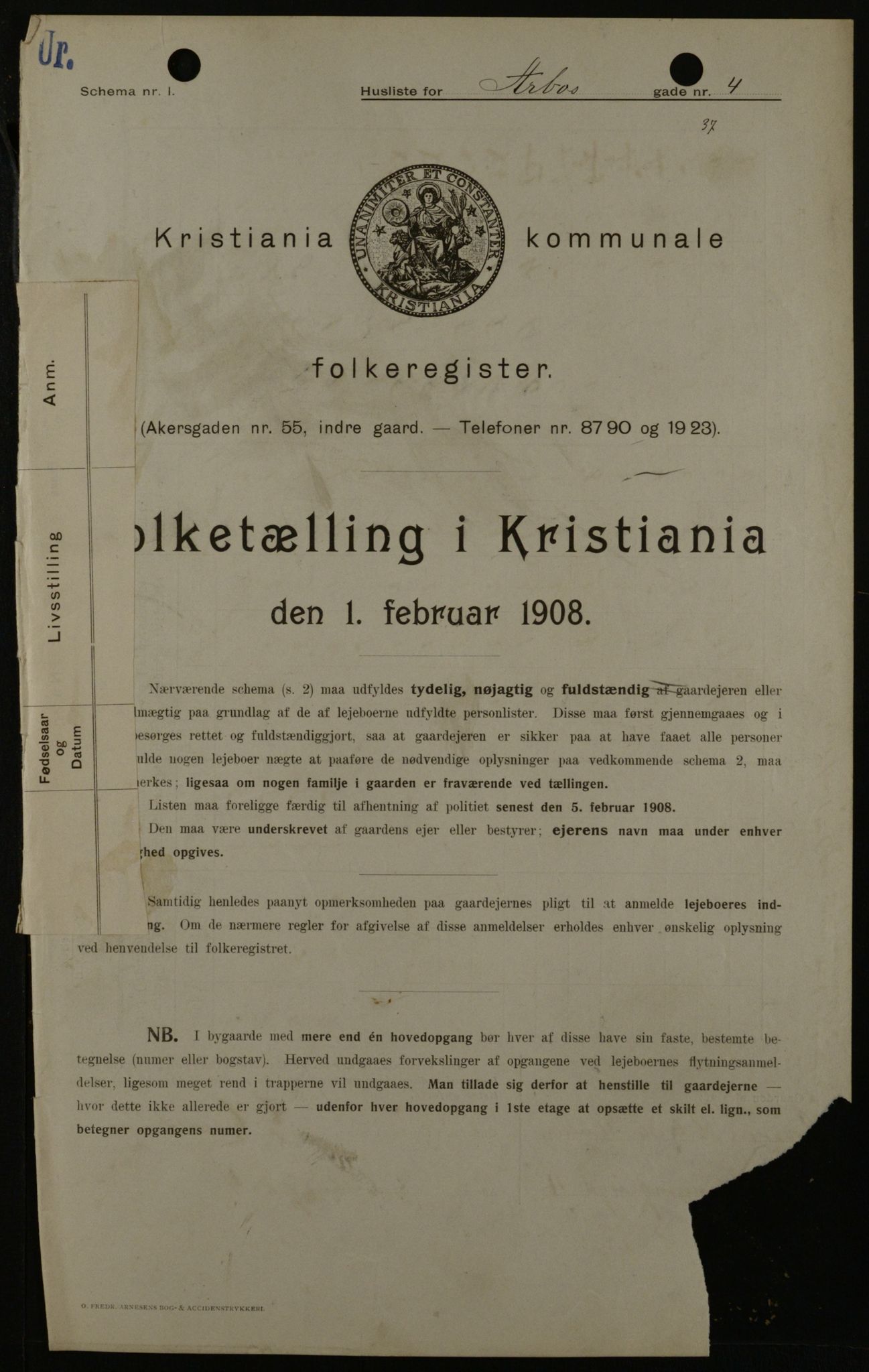 OBA, Municipal Census 1908 for Kristiania, 1908, p. 2043