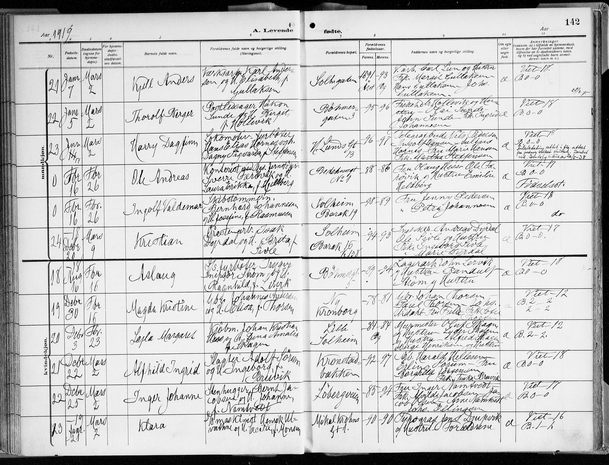 Årstad Sokneprestembete, AV/SAB-A-79301/H/Haa/L0003: Parish register (official) no. A 3, 1914-1919, p. 142