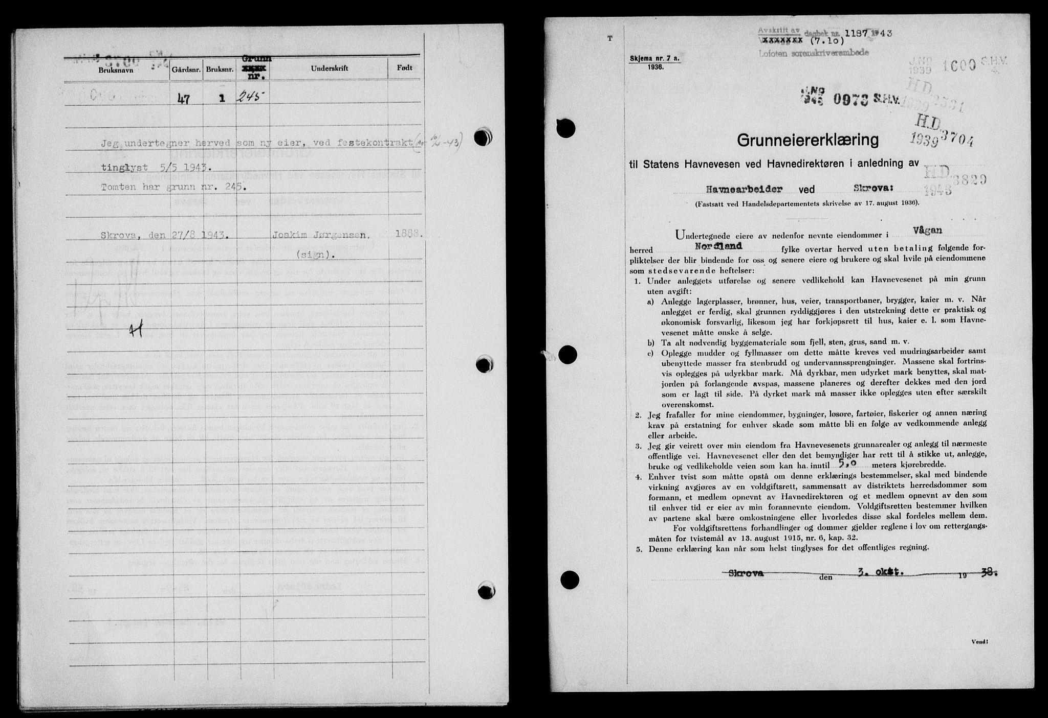 Lofoten sorenskriveri, SAT/A-0017/1/2/2C/L0011a: Mortgage book no. 11a, 1943-1943, Diary no: : 1187/1943