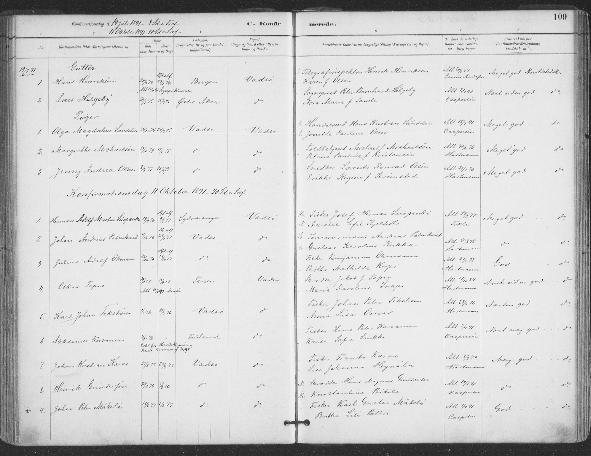 Vadsø sokneprestkontor, AV/SATØ-S-1325/H/Ha/L0006kirke: Parish register (official) no. 6, 1885-1895, p. 109