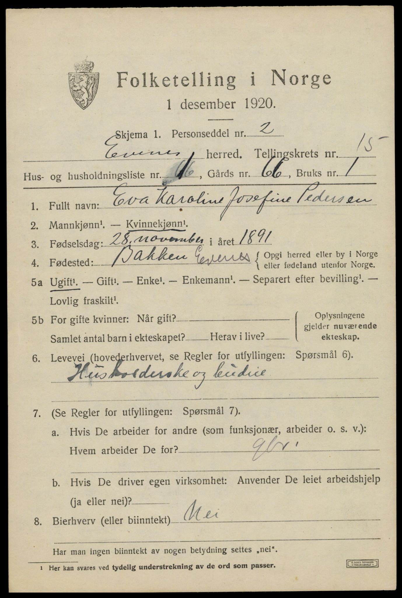 SAT, 1920 census for Evenes, 1920, p. 12748