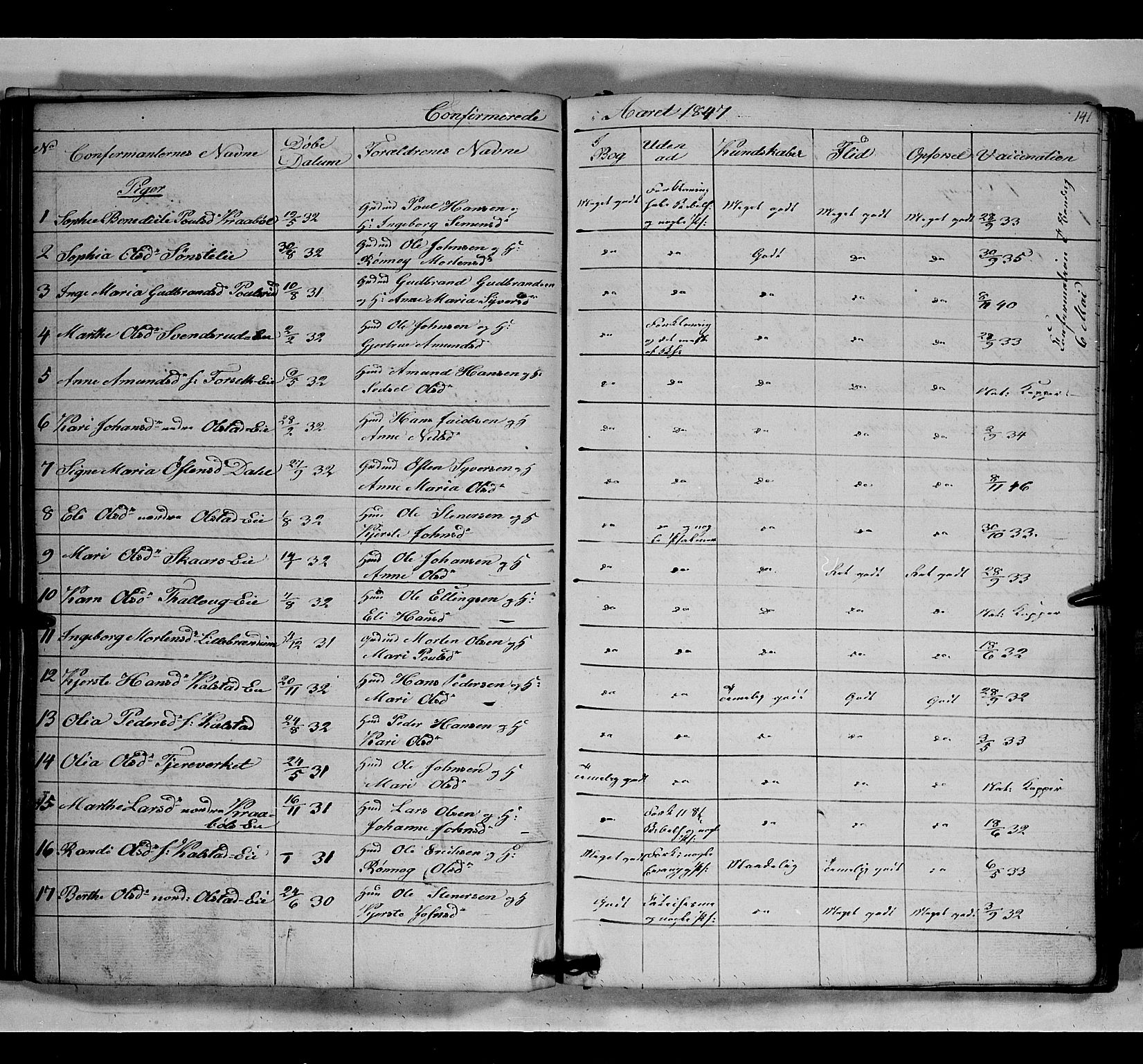 Gausdal prestekontor, SAH/PREST-090/H/Ha/Hab/L0005: Parish register (copy) no. 5, 1846-1867, p. 141