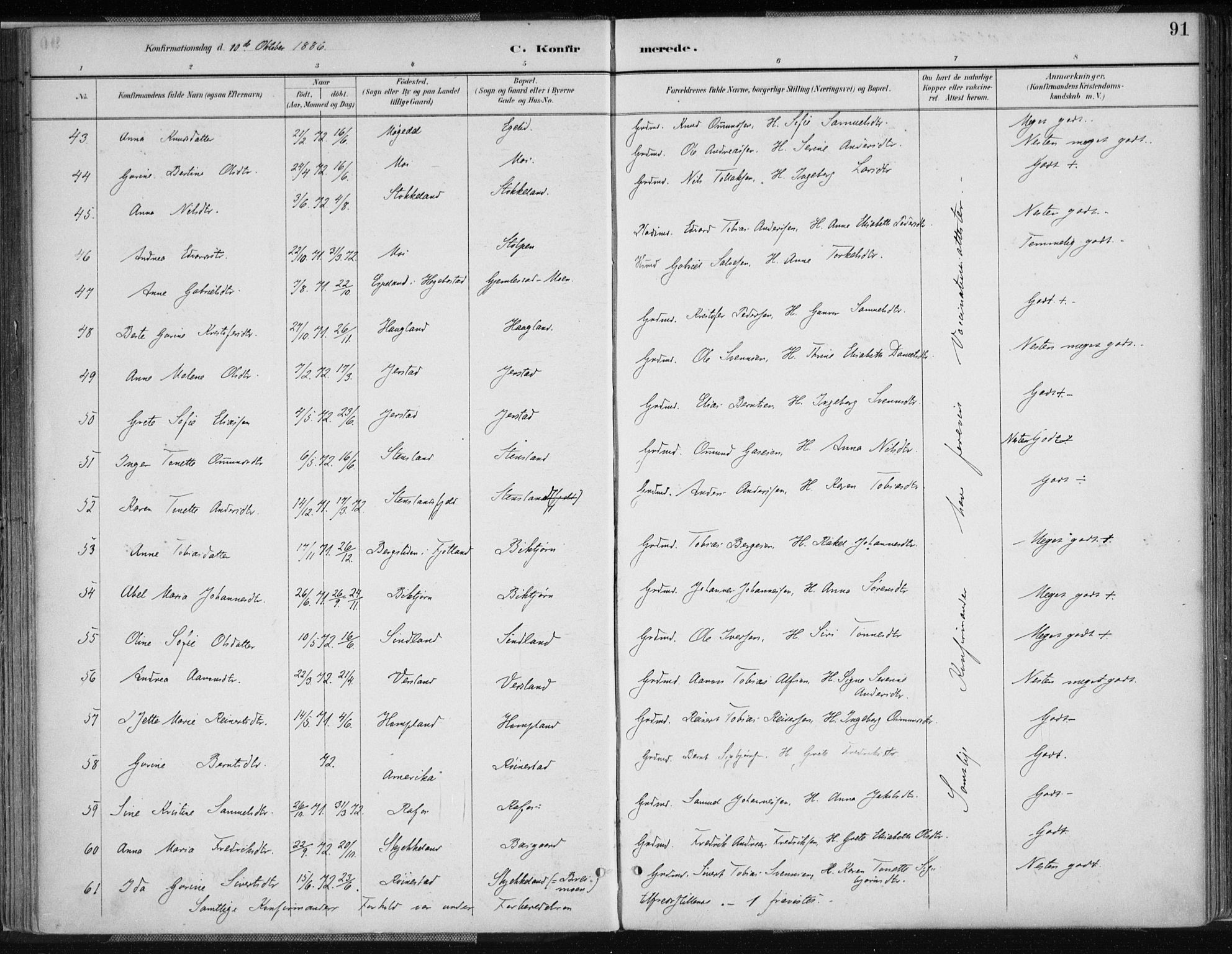 Kvinesdal sokneprestkontor, AV/SAK-1111-0026/F/Fa/Fab/L0008: Parish register (official) no. A 8, 1886-1897, p. 91