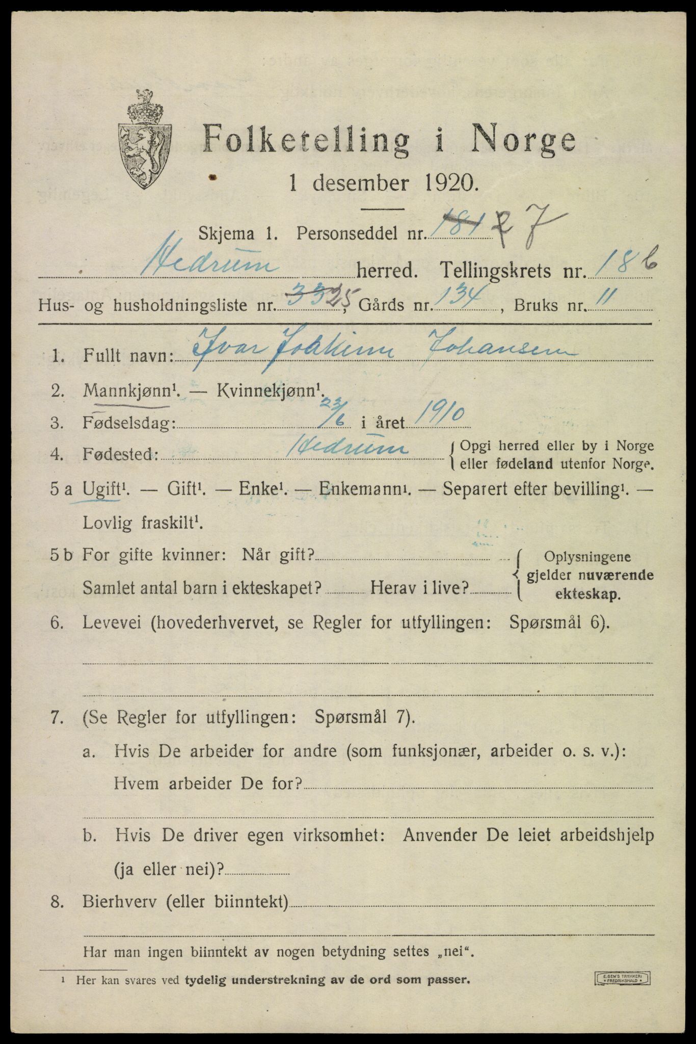 SAKO, 1920 census for Hedrum, 1920, p. 11293