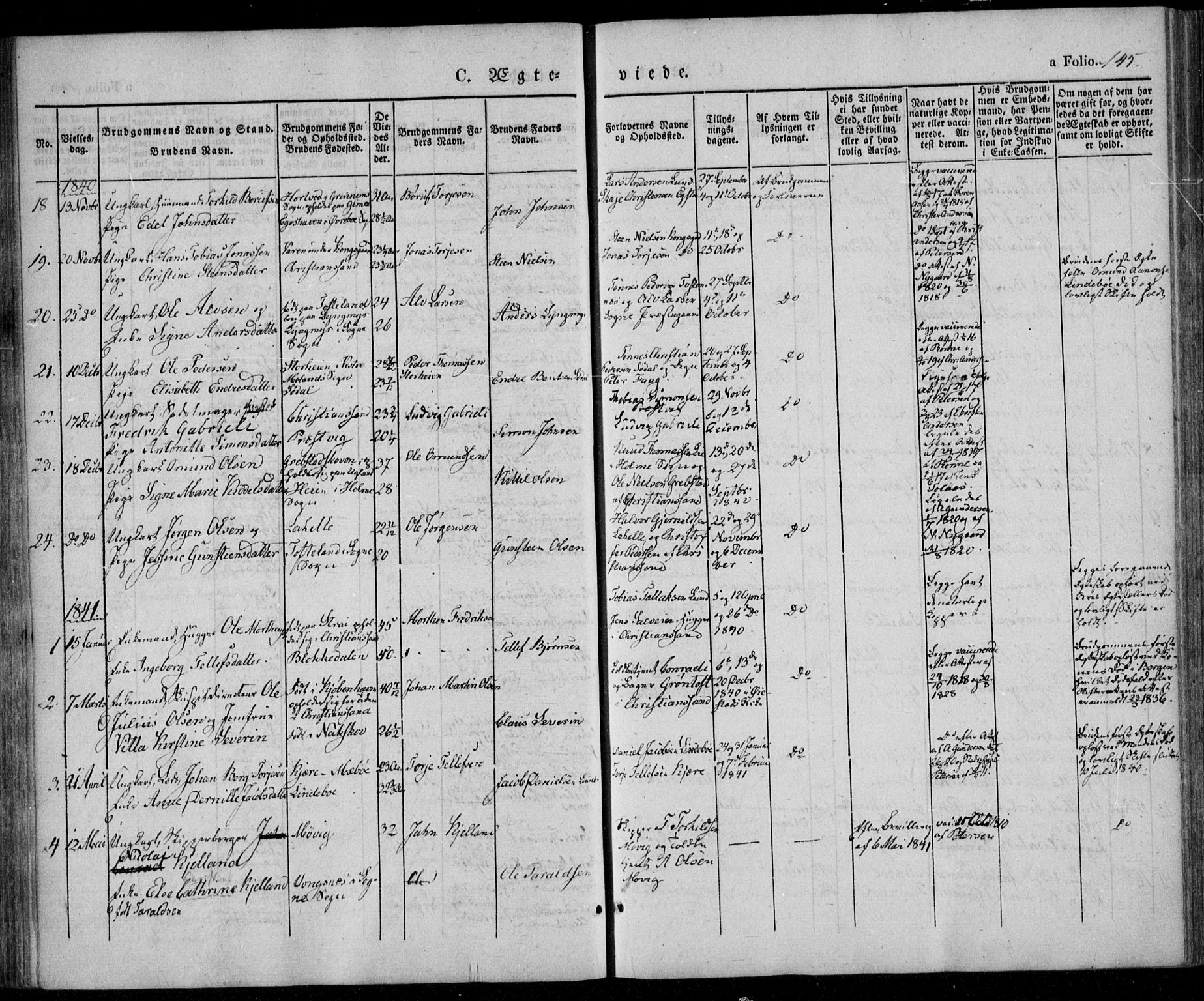 Oddernes sokneprestkontor, SAK/1111-0033/F/Fa/Faa/L0006: Parish register (official) no. A 6, 1838-1851, p. 145