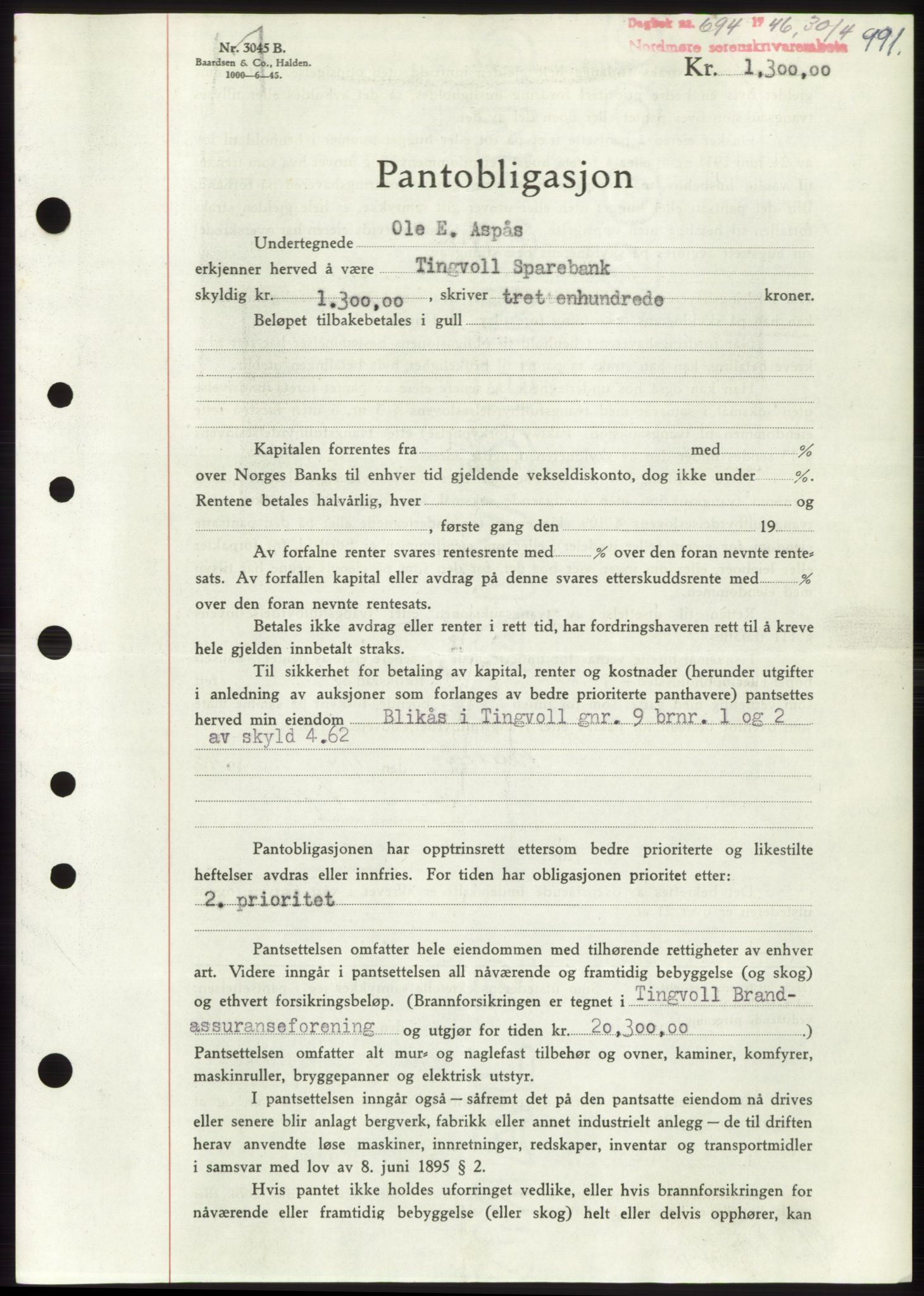 Nordmøre sorenskriveri, AV/SAT-A-4132/1/2/2Ca: Mortgage book no. B93b, 1946-1946, Diary no: : 694/1946