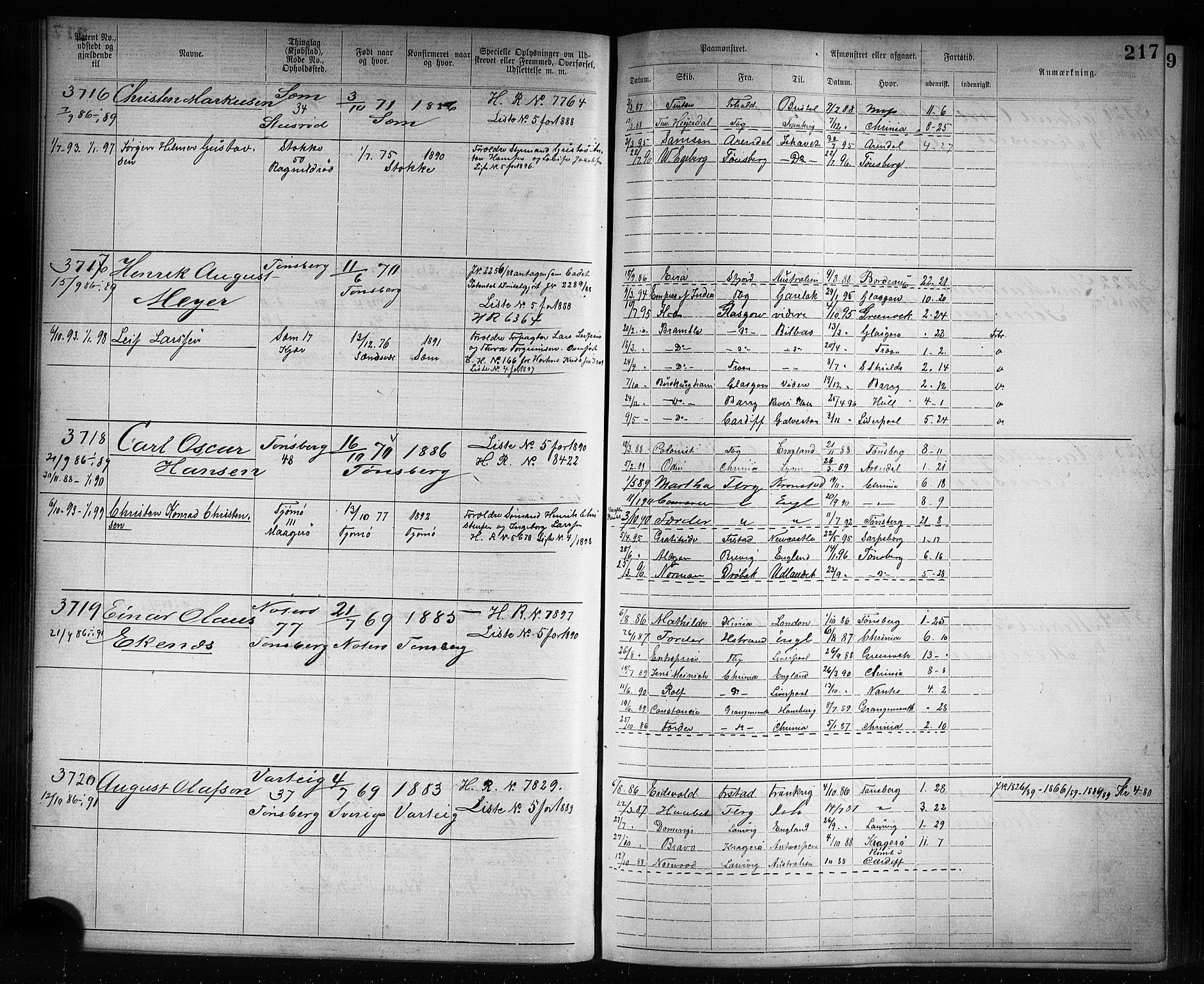 Tønsberg innrulleringskontor, SAKO/A-786/F/Fb/L0007: Annotasjonsrulle Patent nr. 2636-5150, 1881-1892, p. 218