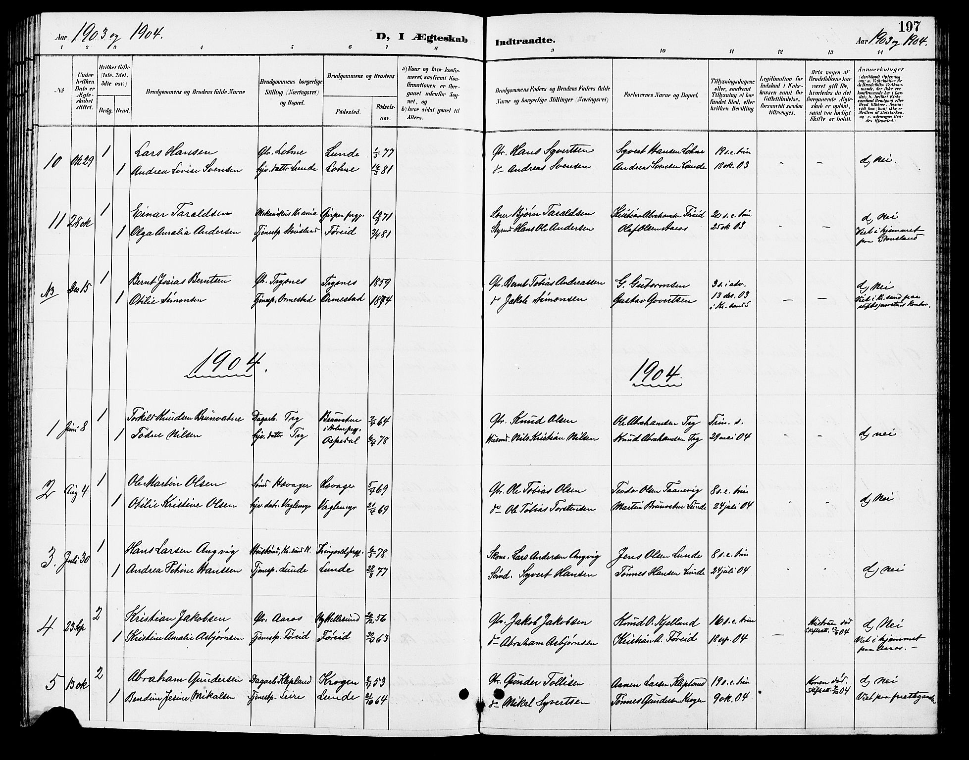 Søgne sokneprestkontor, AV/SAK-1111-0037/F/Fb/Fbb/L0006: Parish register (copy) no. B 6, 1892-1911, p. 197