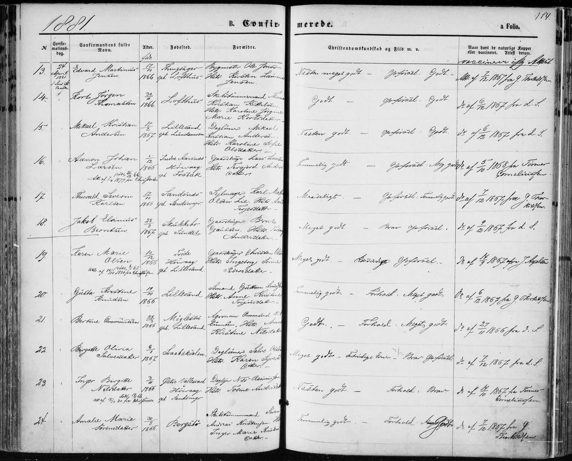 Vestre Moland sokneprestkontor, AV/SAK-1111-0046/F/Fa/Fab/L0008: Parish register (official) no. A 8, 1873-1883, p. 174