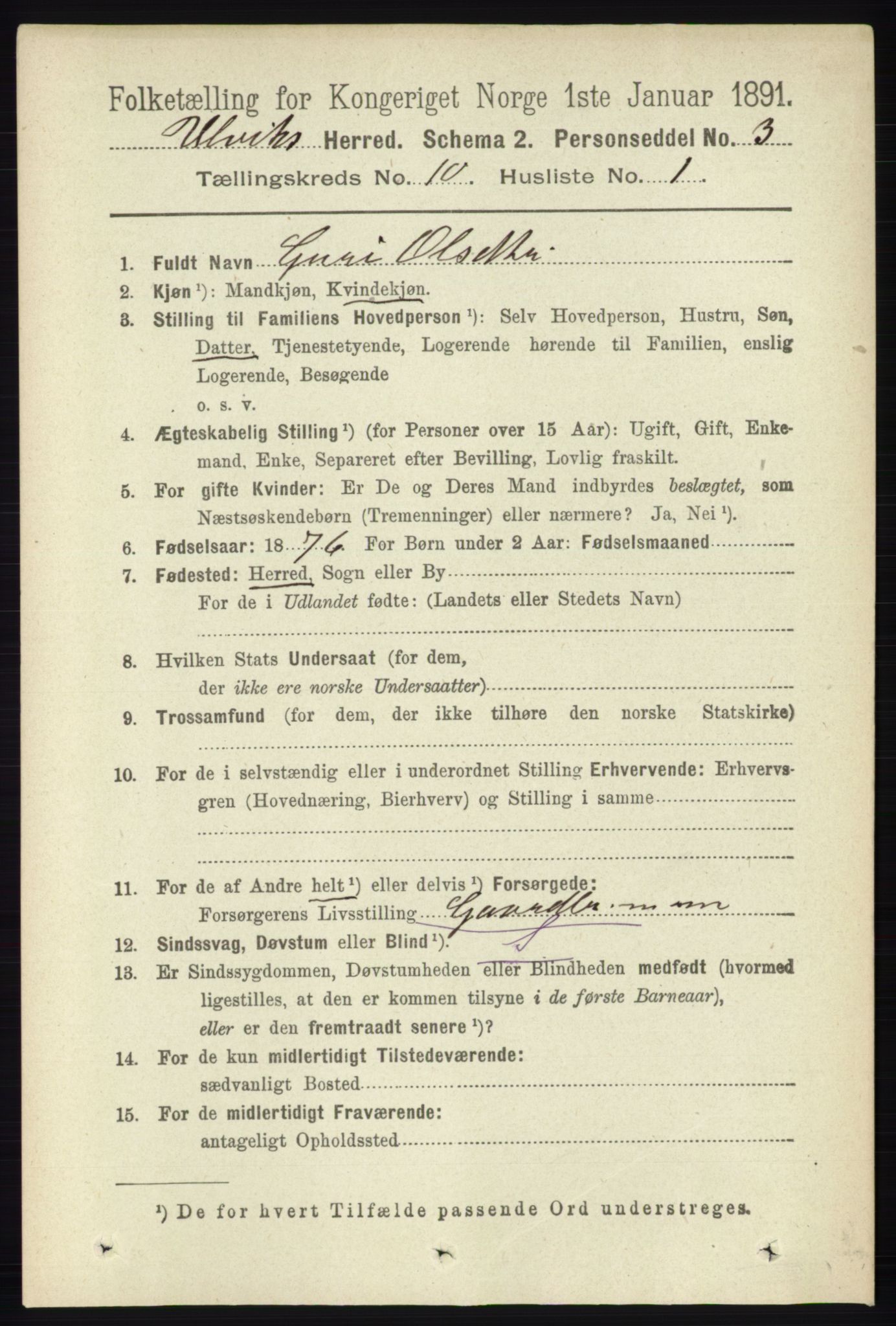 RA, 1891 census for 1233 Ulvik, 1891, p. 3233