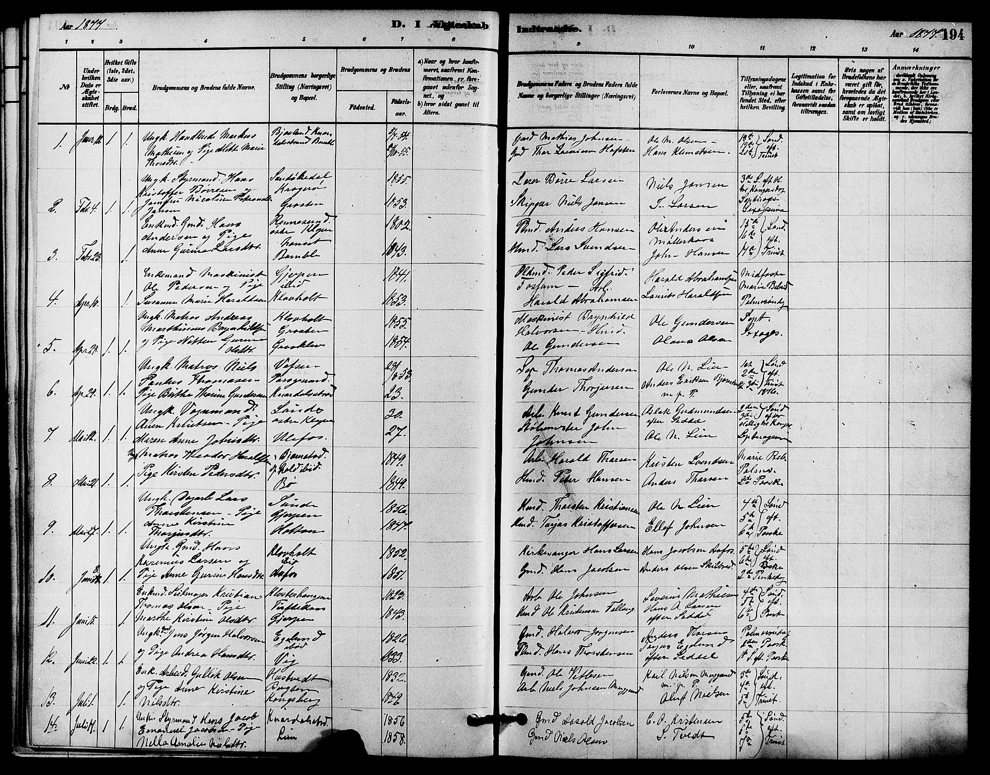 Solum kirkebøker, SAKO/A-306/F/Fa/L0009: Parish register (official) no. I 9, 1877-1887, p. 194