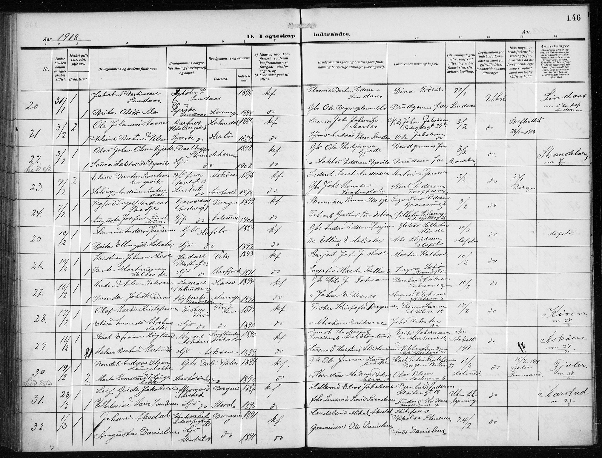 Nykirken Sokneprestembete, SAB/A-77101/H/Haa/L0036: Parish register (official) no. D 6, 1913-1918, p. 146