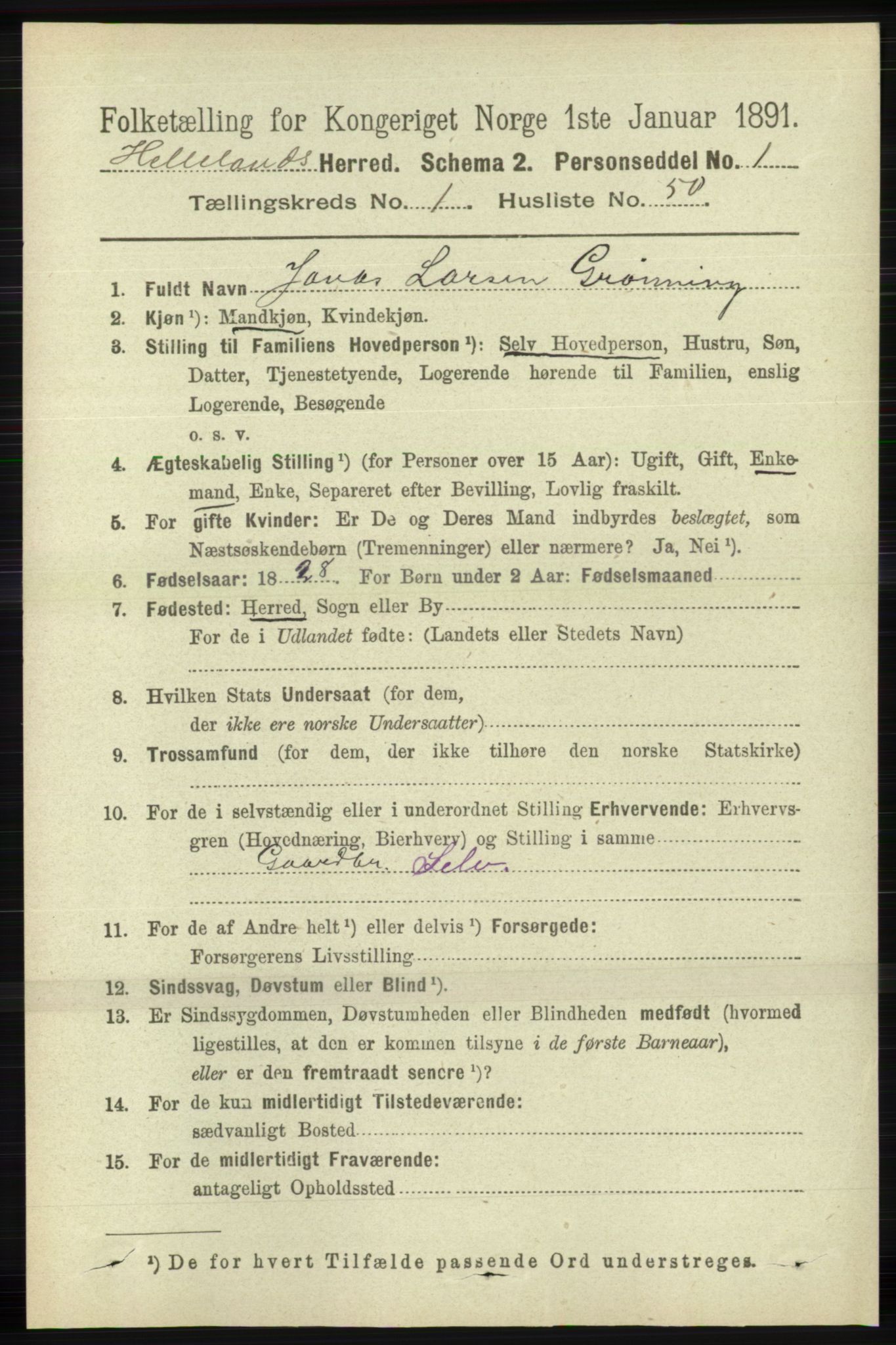 RA, 1891 census for 1115 Helleland, 1891, p. 360