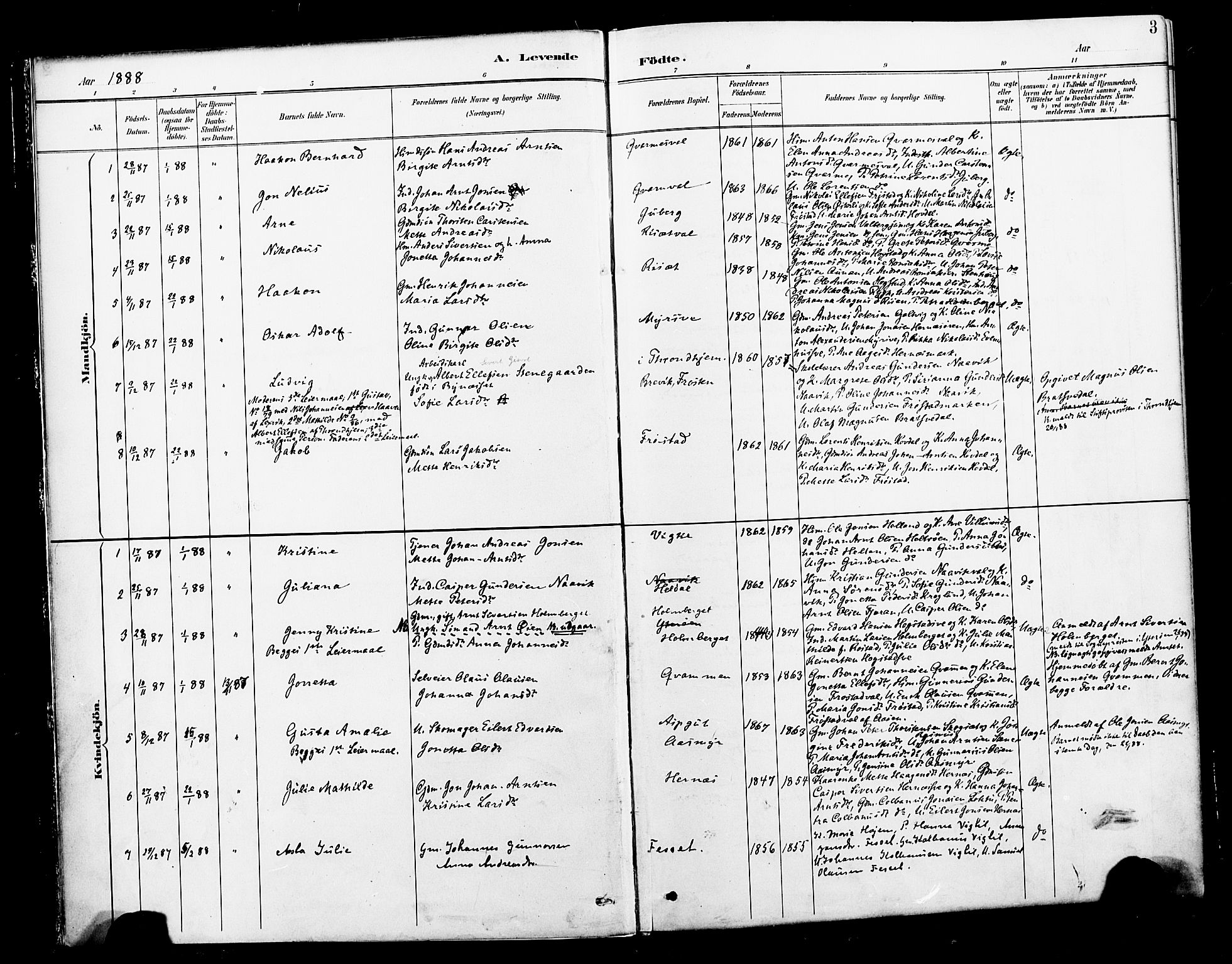 Ministerialprotokoller, klokkerbøker og fødselsregistre - Nord-Trøndelag, SAT/A-1458/713/L0121: Parish register (official) no. 713A10, 1888-1898, p. 3