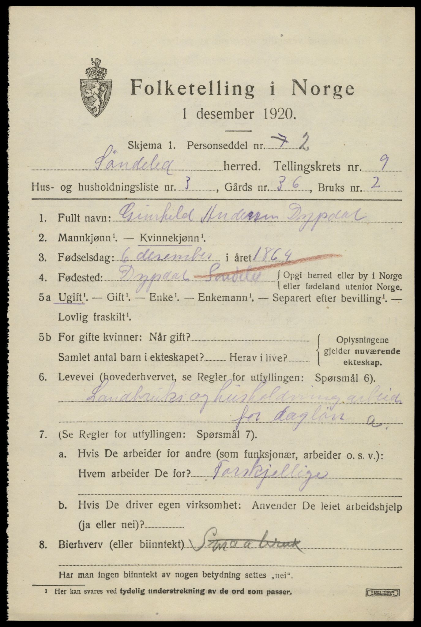 SAK, 1920 census for Søndeled, 1920, p. 4583