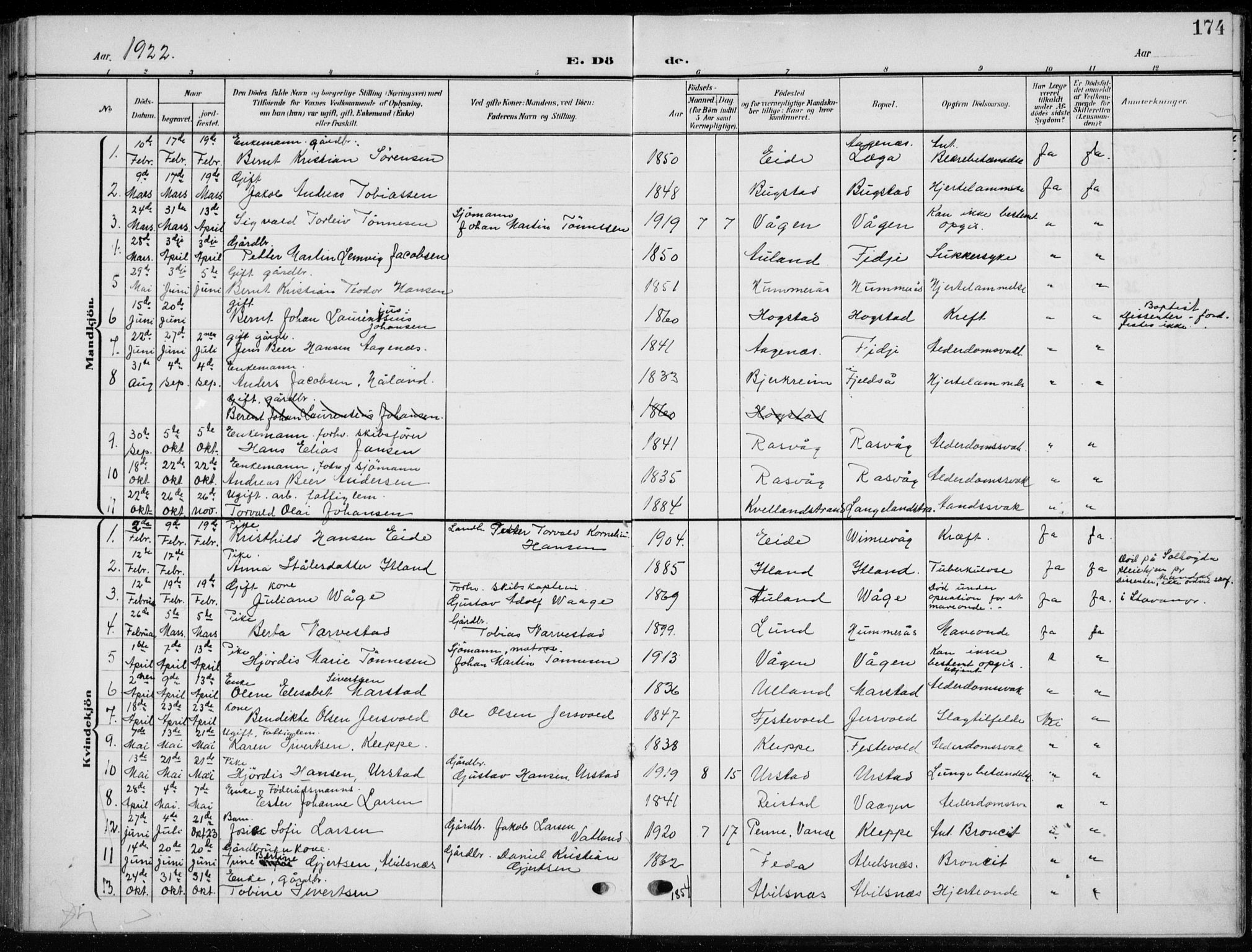 Flekkefjord sokneprestkontor, AV/SAK-1111-0012/F/Fb/Fbb/L0005: Parish register (copy) no. B 5, 1908-1927, p. 174