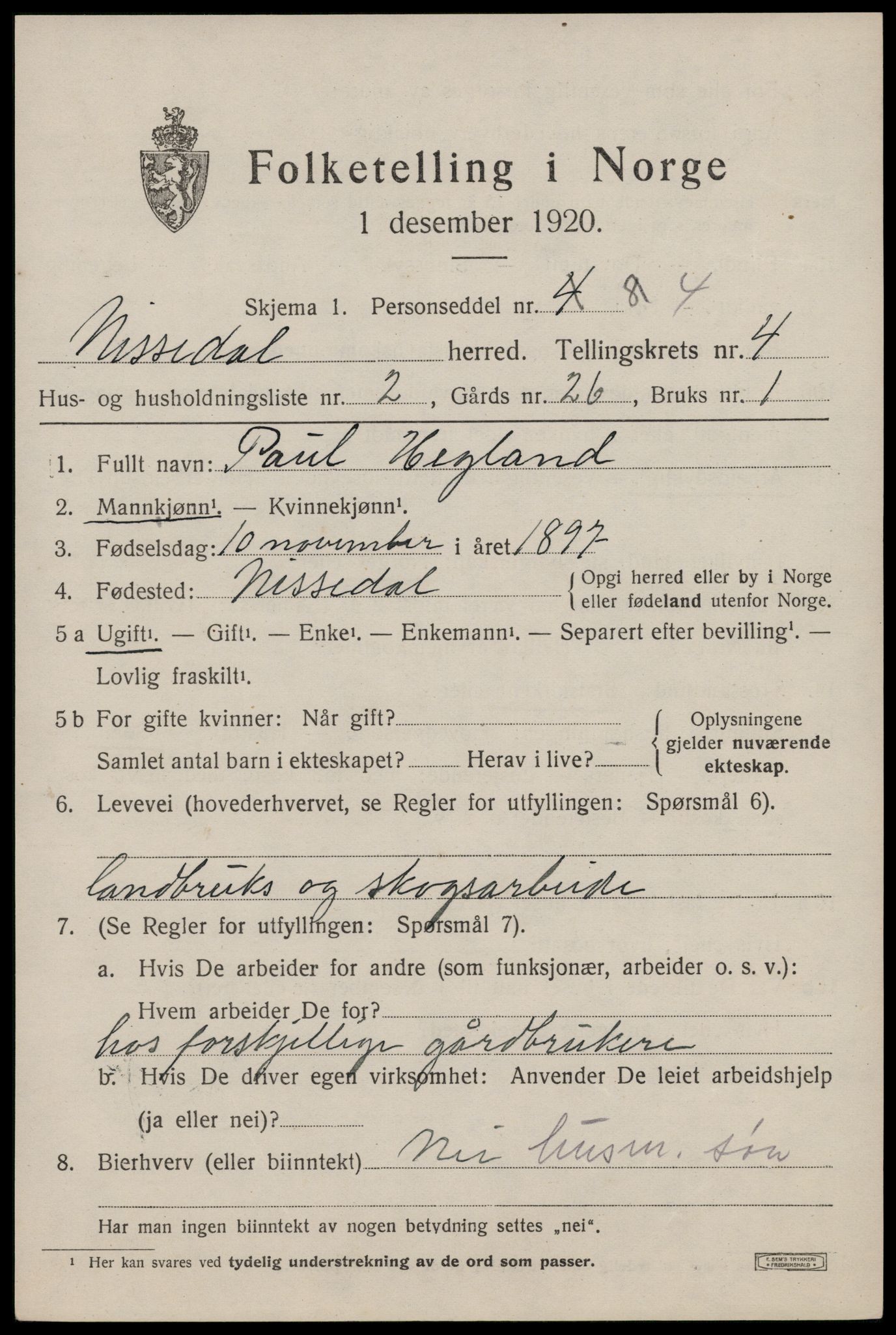 SAKO, 1920 census for Nissedal, 1920, p. 1841