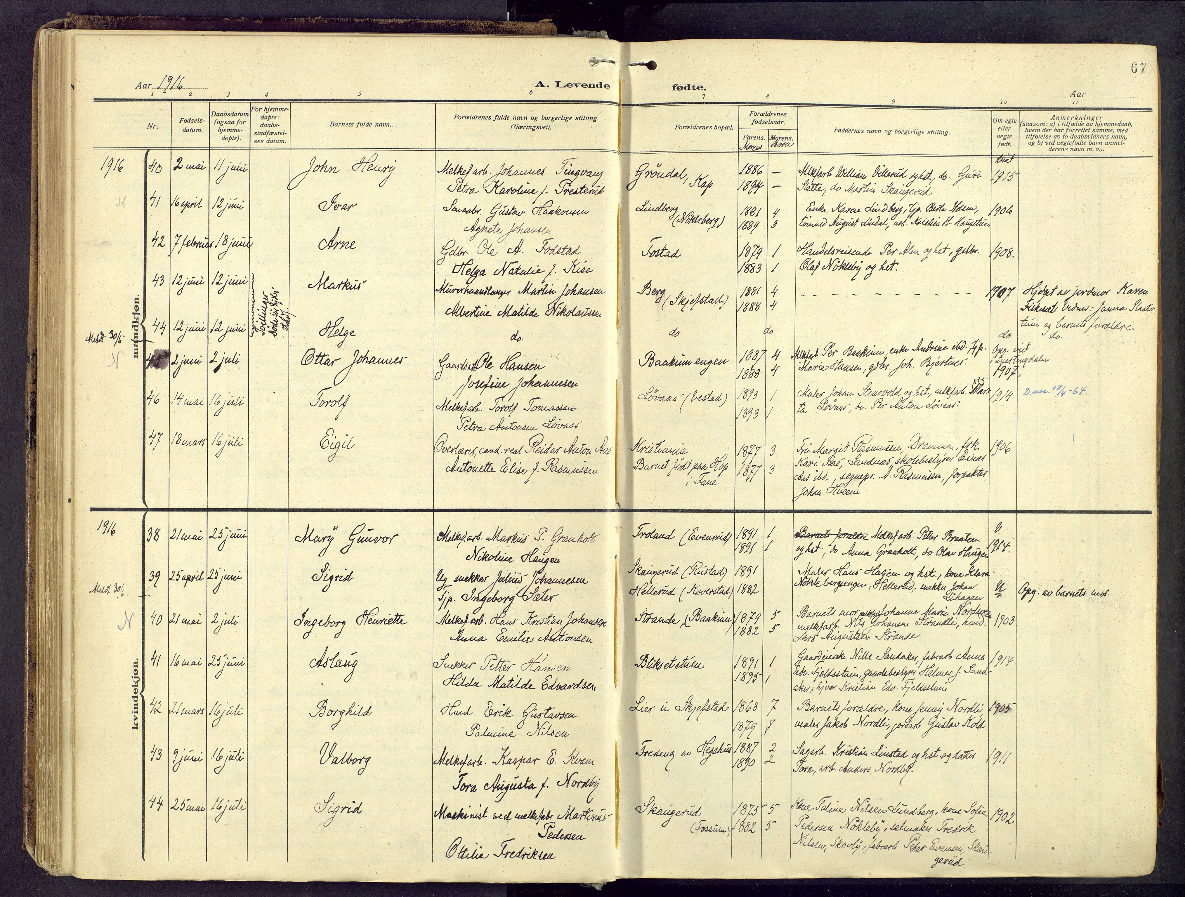 Østre Toten prestekontor, AV/SAH-PREST-104/H/Ha/Haa/L0010: Parish register (official) no. 10, 1910-1920, p. 67