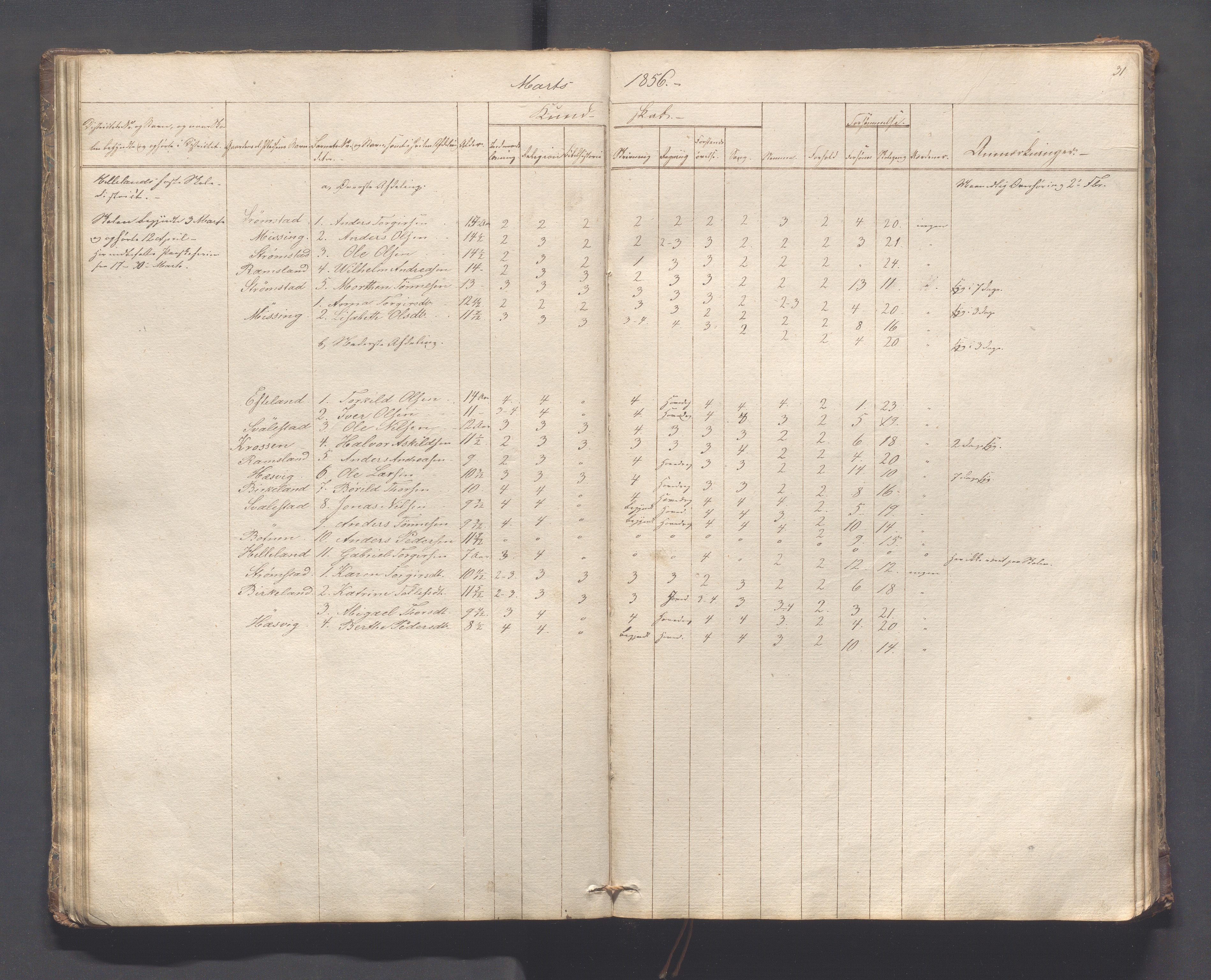 Helleland kommune - Skolekommisjonen/skolestyret, IKAR/K-100486/H/L0005: Skoleprotokoll - Lomeland, Skjerpe, Ramsland, 1845-1891, p. 31