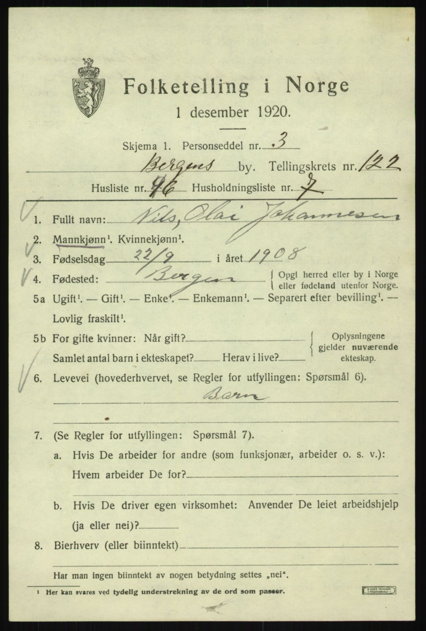 SAB, 1920 census for Bergen, 1920, p. 206890