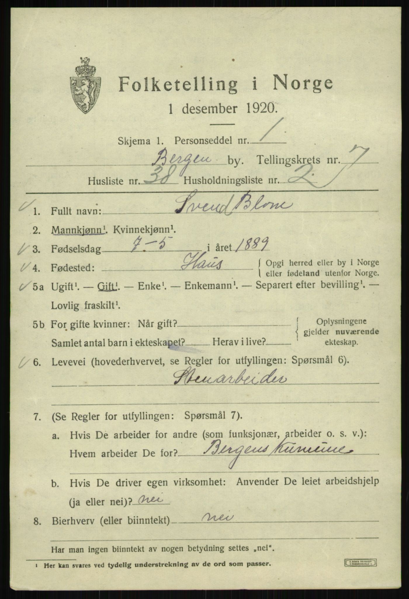 SAB, 1920 census for Bergen, 1920, p. 68380