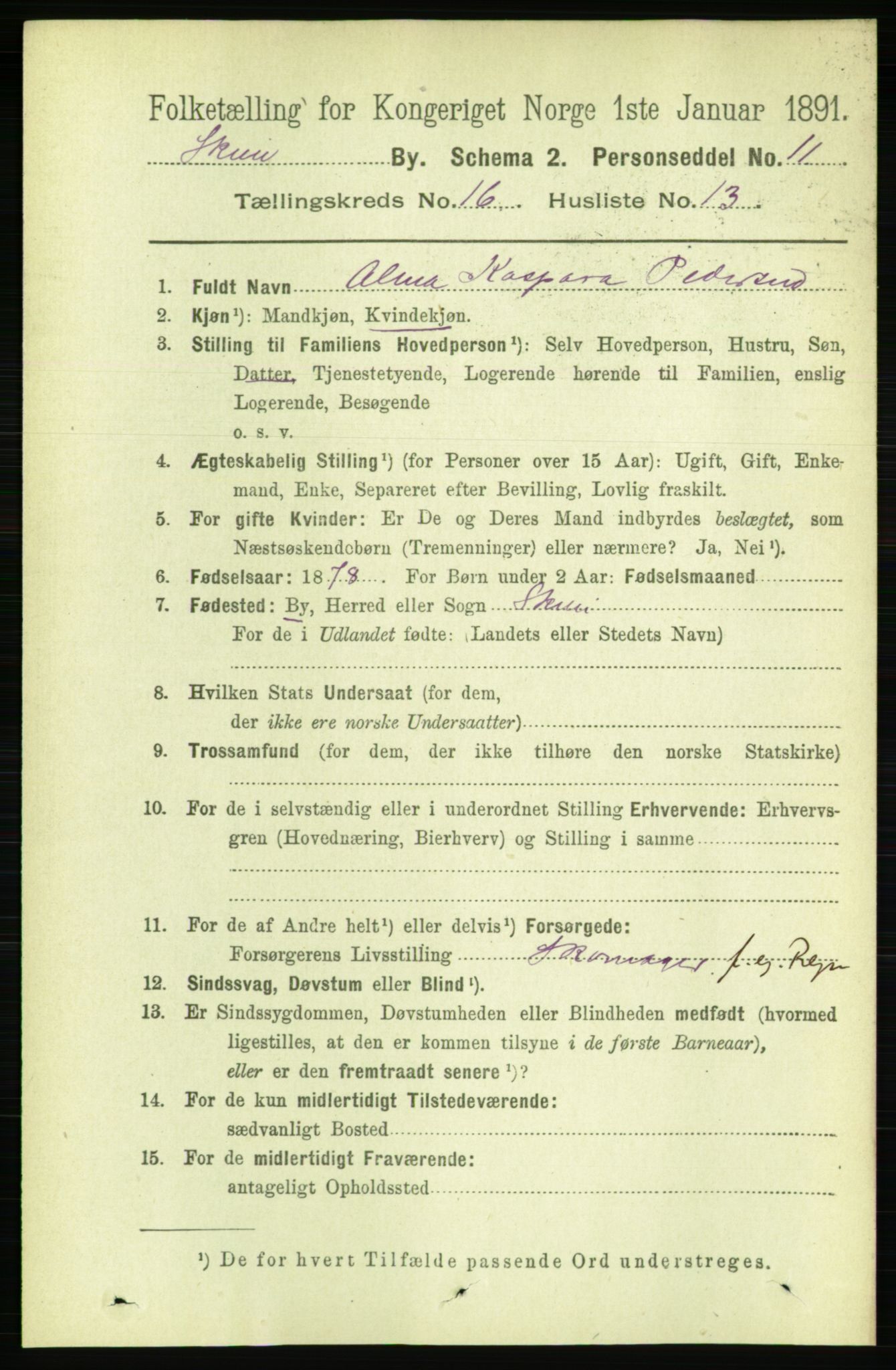 RA, 1891 census for 0806 Skien, 1891, p. 4655