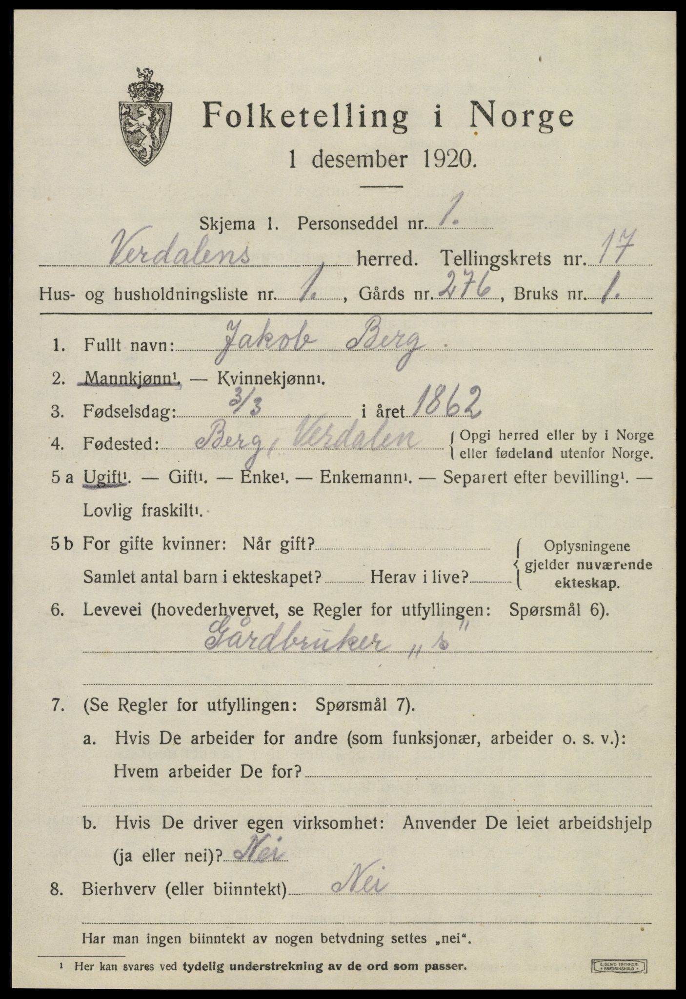 SAT, 1920 census for Verdal, 1920, p. 15551