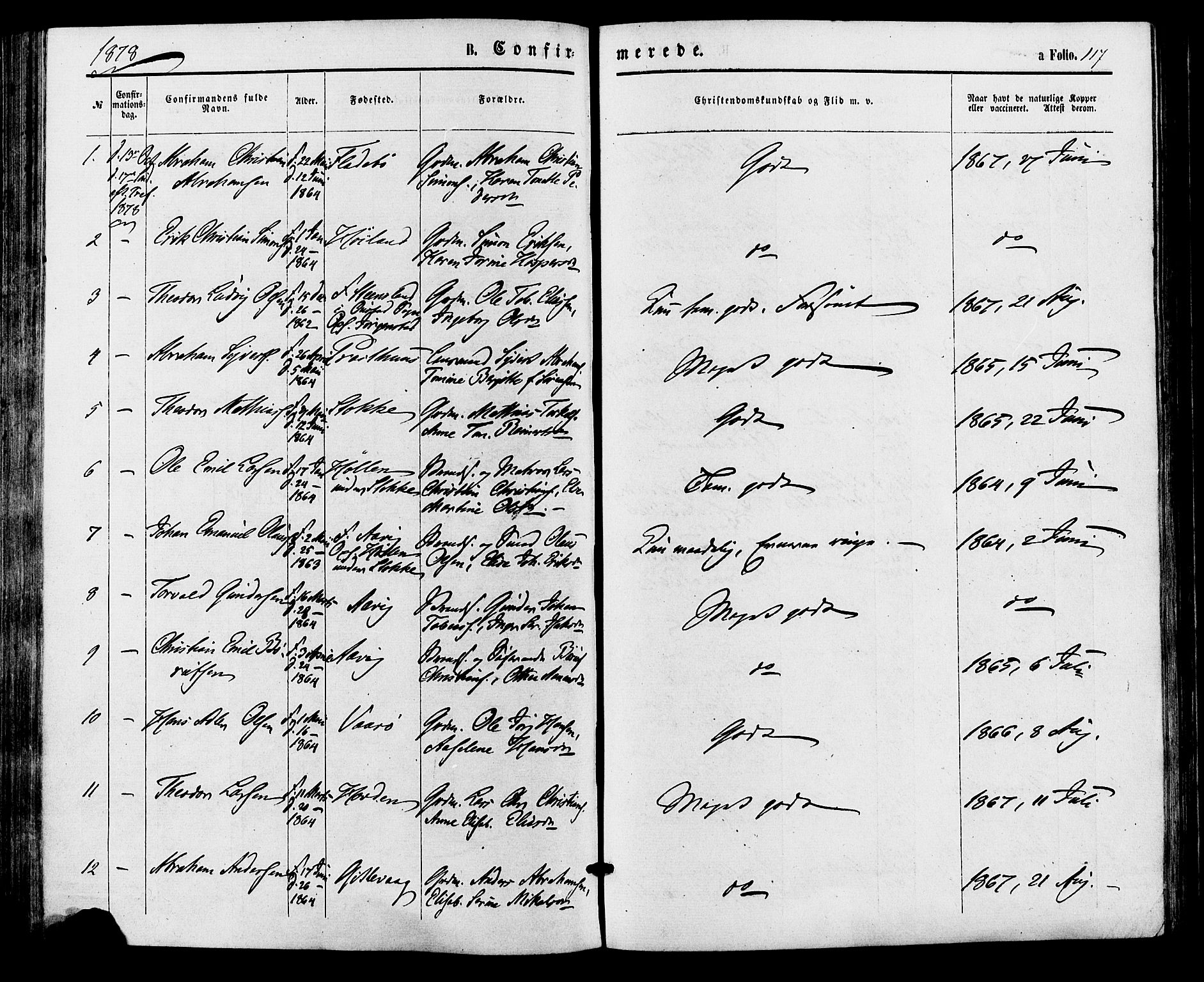 Sør-Audnedal sokneprestkontor, AV/SAK-1111-0039/F/Fa/Faa/L0003: Parish register (official) no. A 3, 1868-1883, p. 117