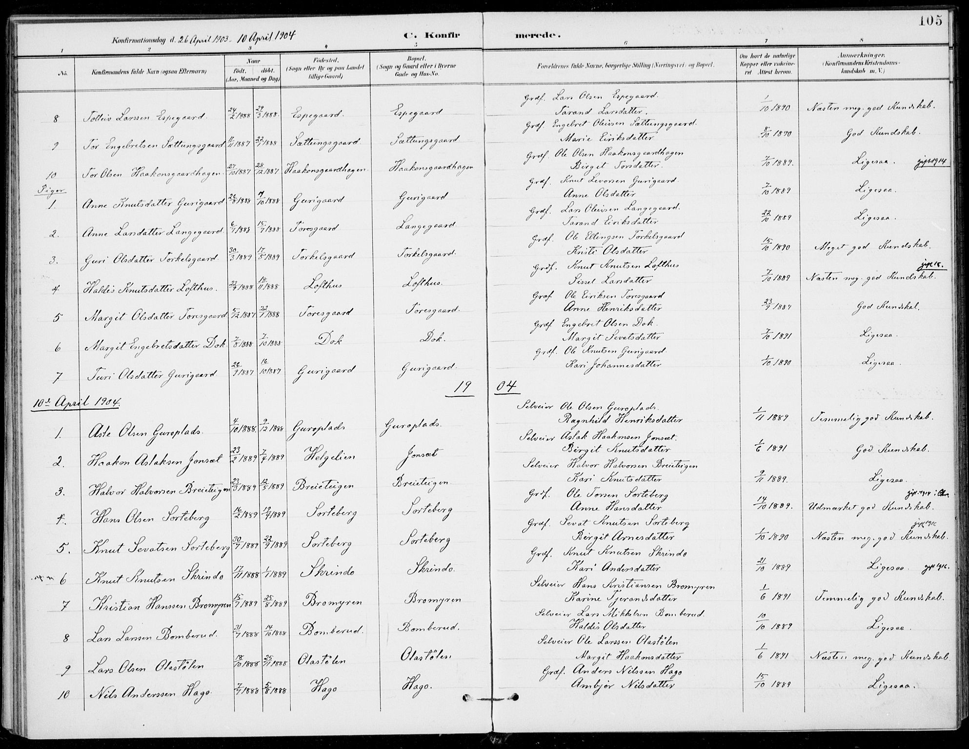 Ål kirkebøker, SAKO/A-249/F/Fa/L0009: Parish register (official) no. I 9, 1897-1915, p. 105