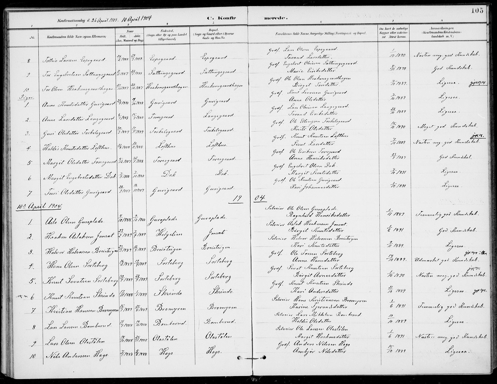 Ål kirkebøker, AV/SAKO-A-249/F/Fa/L0009: Parish register (official) no. I 9, 1897-1915, p. 105