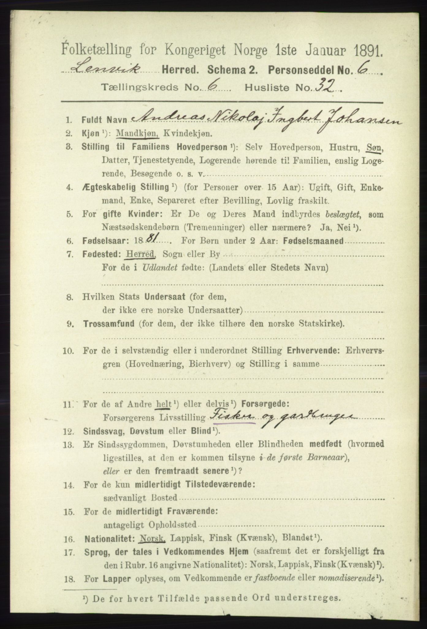 RA, 1891 census for 1931 Lenvik, 1891, p. 3429