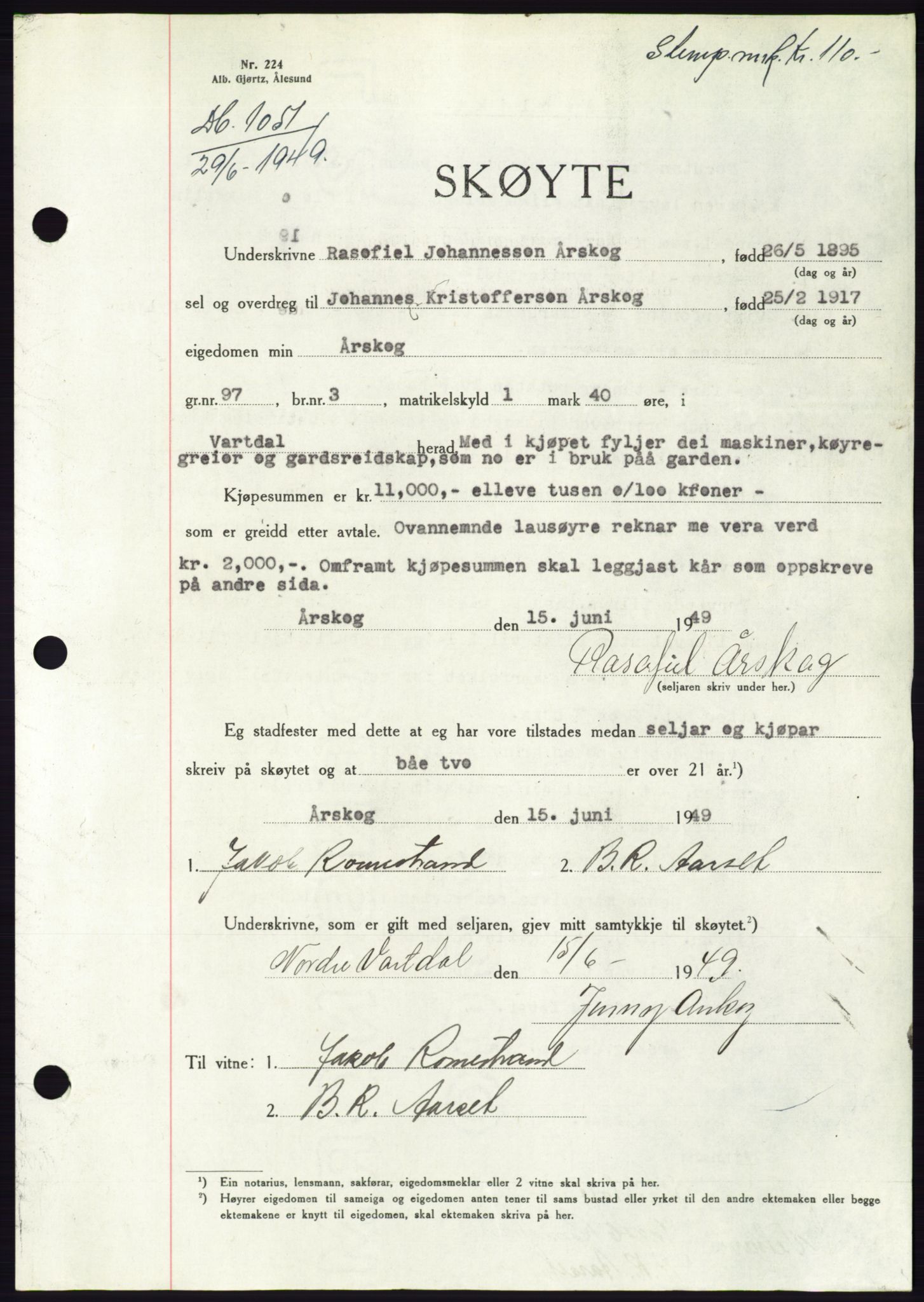 Søre Sunnmøre sorenskriveri, AV/SAT-A-4122/1/2/2C/L0084: Mortgage book no. 10A, 1949-1949, Diary no: : 1051/1949