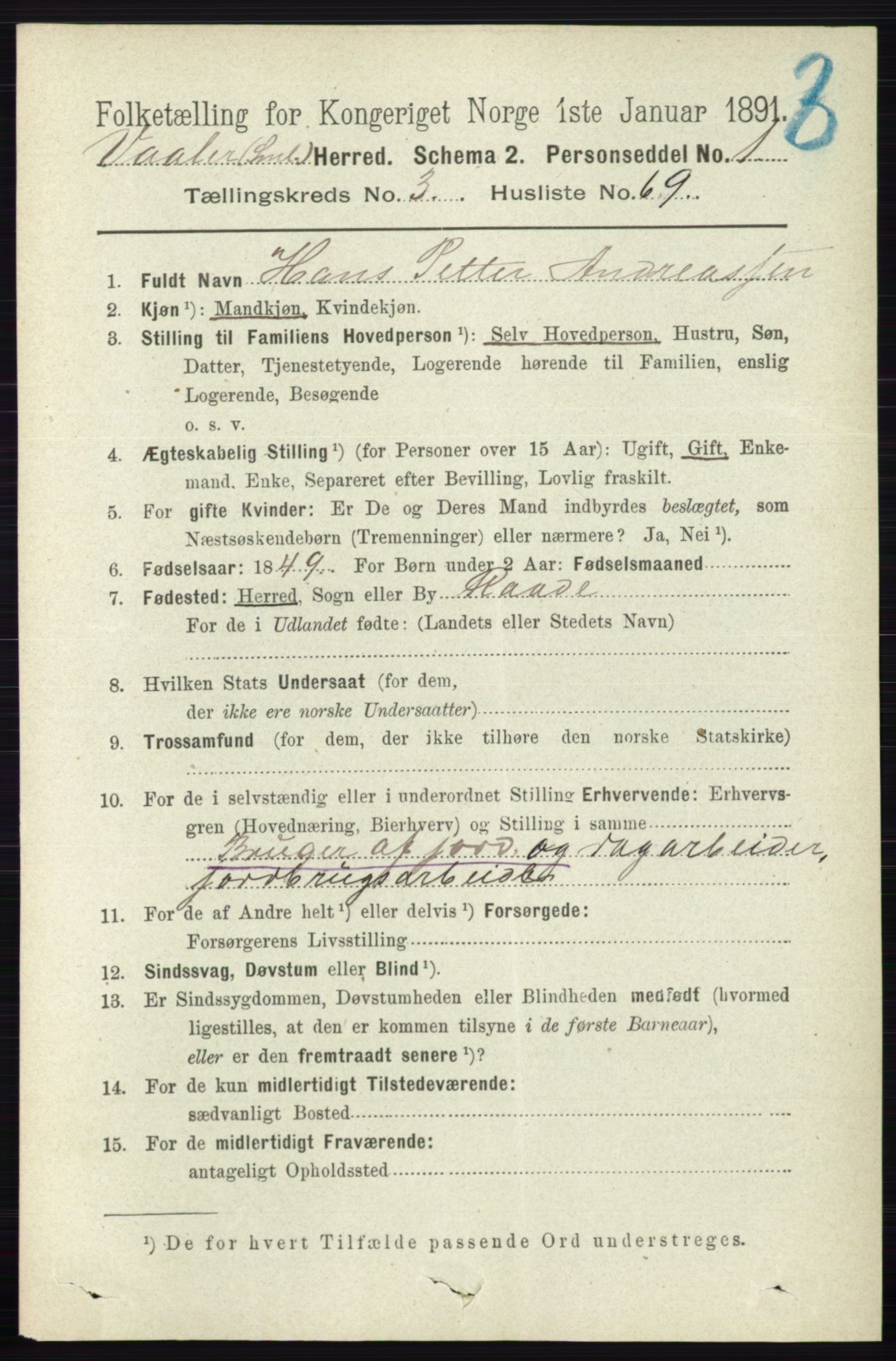 RA, 1891 census for 0137 Våler, 1891, p. 1543