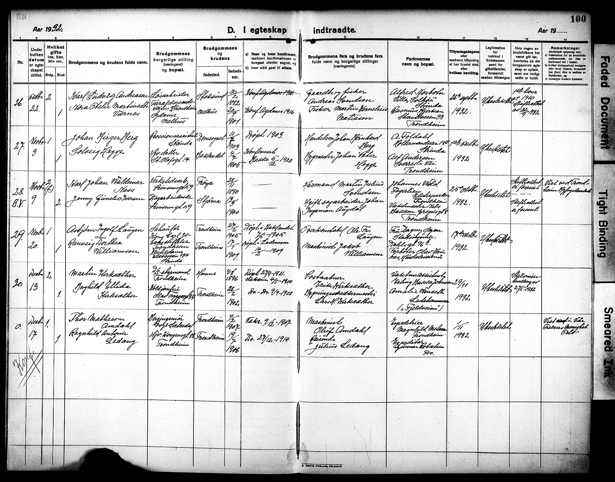 Ministerialprotokoller, klokkerbøker og fødselsregistre - Sør-Trøndelag, SAT/A-1456/602/L0149: Parish register (copy) no. 602C17, 1919-1932, p. 100