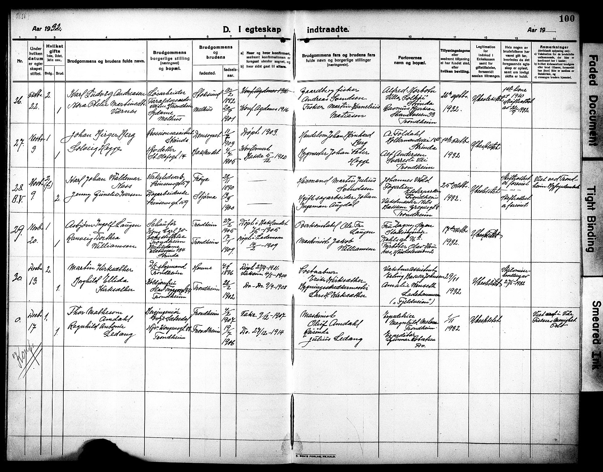 Ministerialprotokoller, klokkerbøker og fødselsregistre - Sør-Trøndelag, AV/SAT-A-1456/602/L0149: Parish register (copy) no. 602C17, 1919-1932, p. 100