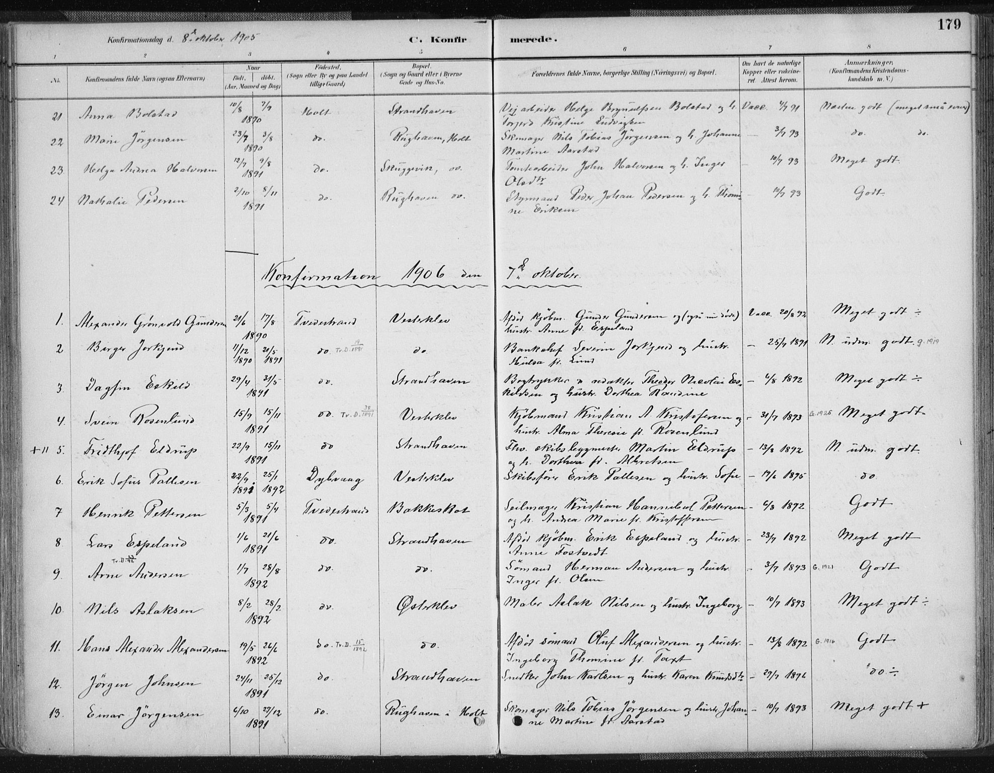 Tvedestrand sokneprestkontor, AV/SAK-1111-0042/F/Fa/L0001: Parish register (official) no. A 1, 1885-1916, p. 179