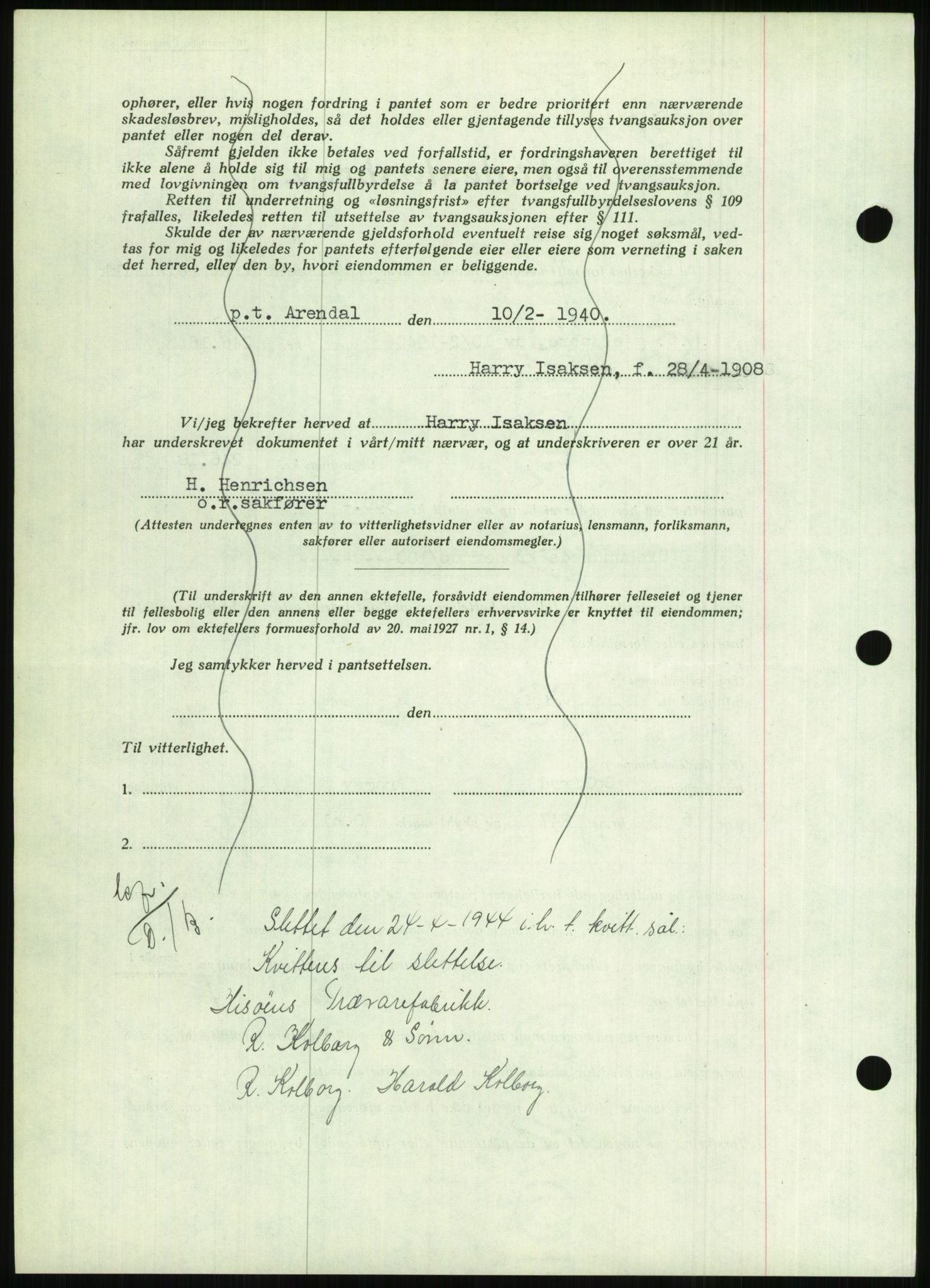 Nedenes sorenskriveri, SAK/1221-0006/G/Gb/Gbb/L0001: Mortgage book no. I, 1939-1942, Diary no: : 100/1940