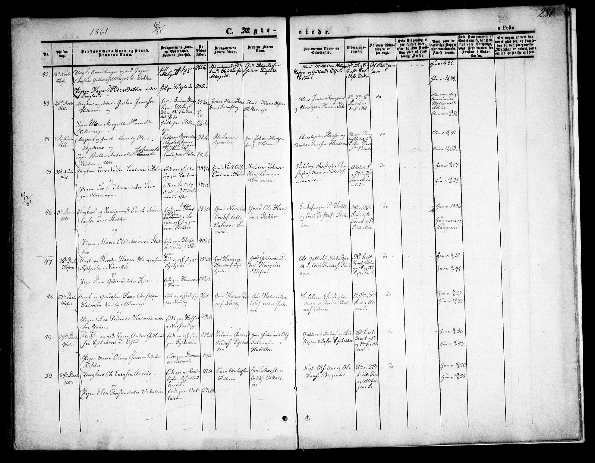 Ullensaker prestekontor Kirkebøker, AV/SAO-A-10236a/F/Fa/L0015.a: Parish register (official) no. I 15A, 1851-1862, p. 286