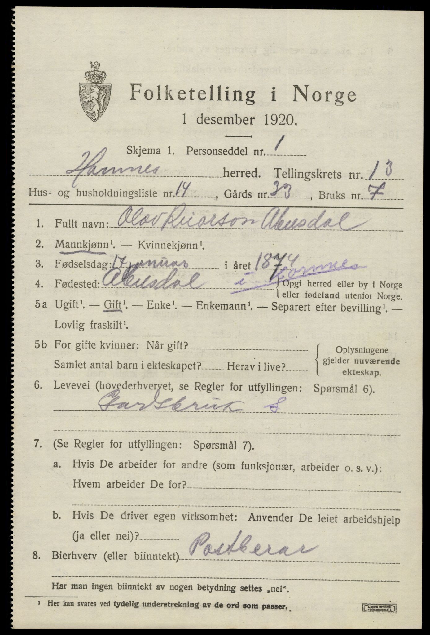 SAK, 1920 census for Hornnes, 1920, p. 3239