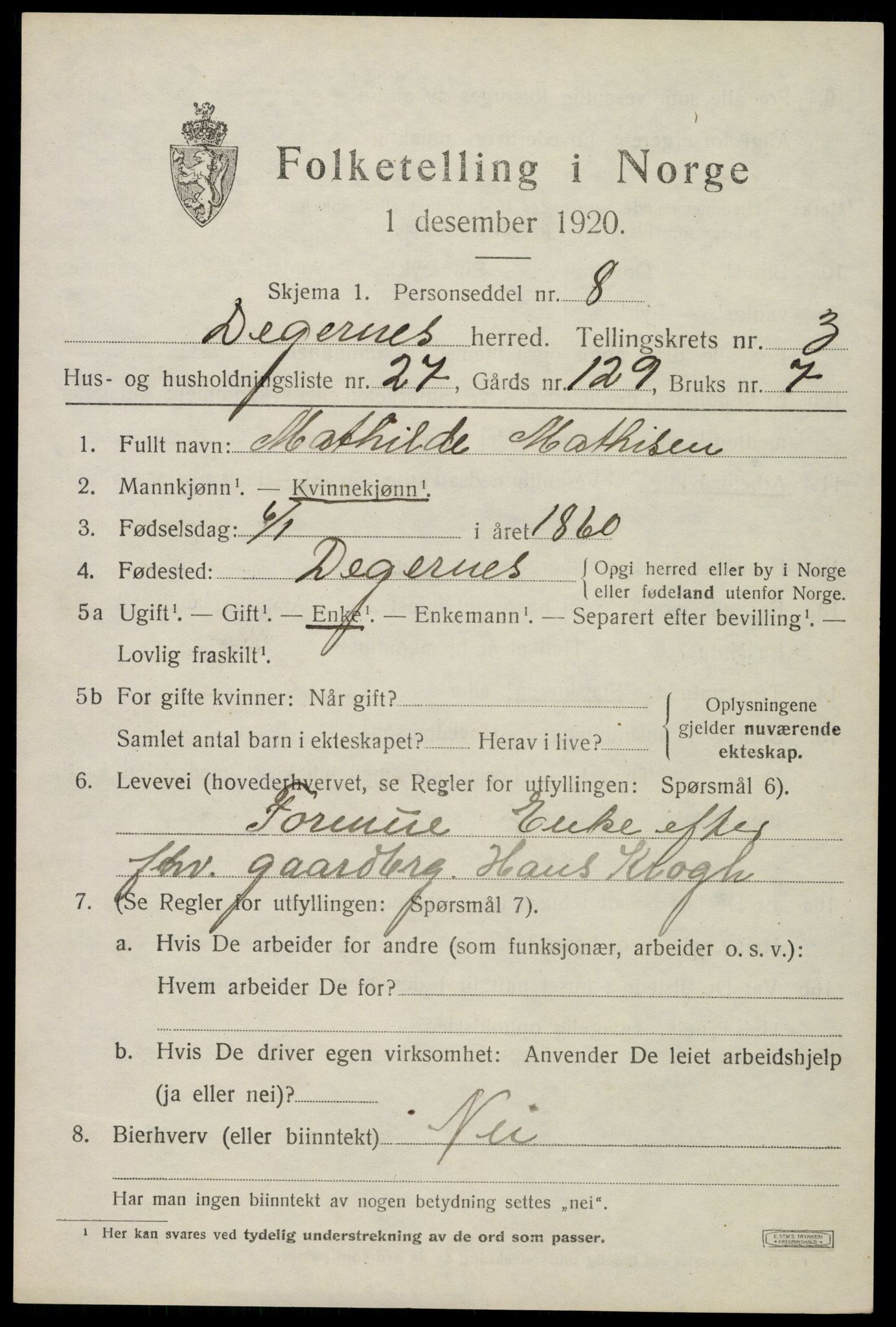 SAO, 1920 census for Degernes, 1920, p. 2328