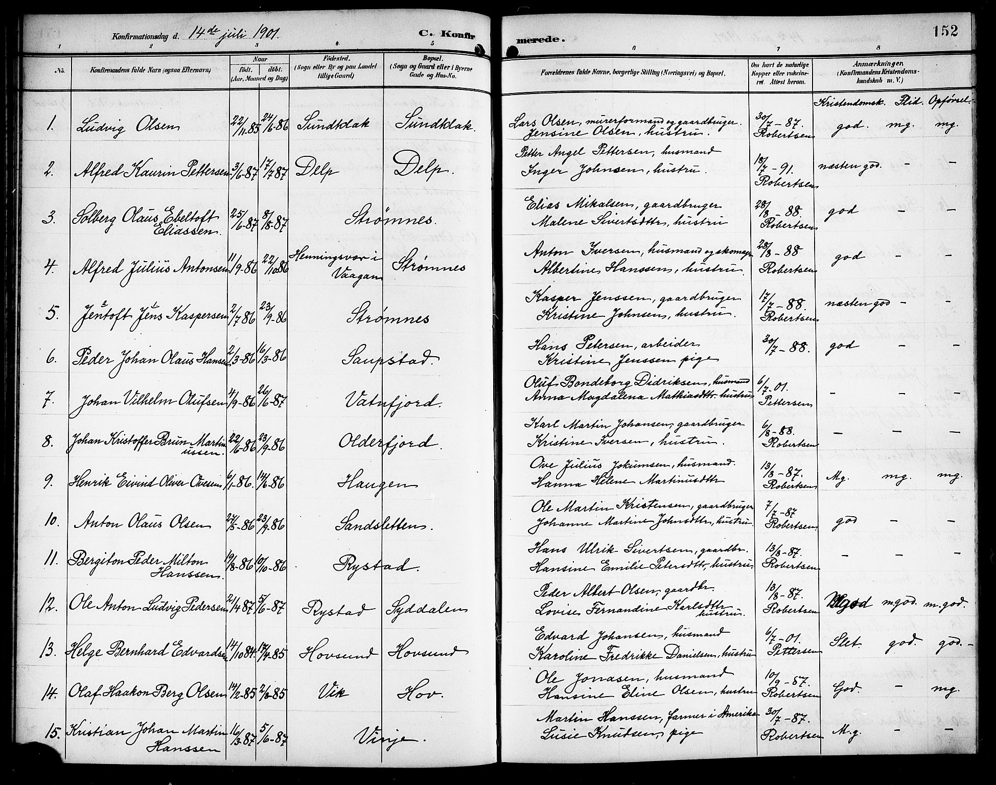 Ministerialprotokoller, klokkerbøker og fødselsregistre - Nordland, AV/SAT-A-1459/876/L1105: Parish register (copy) no. 876C04, 1896-1914, p. 152